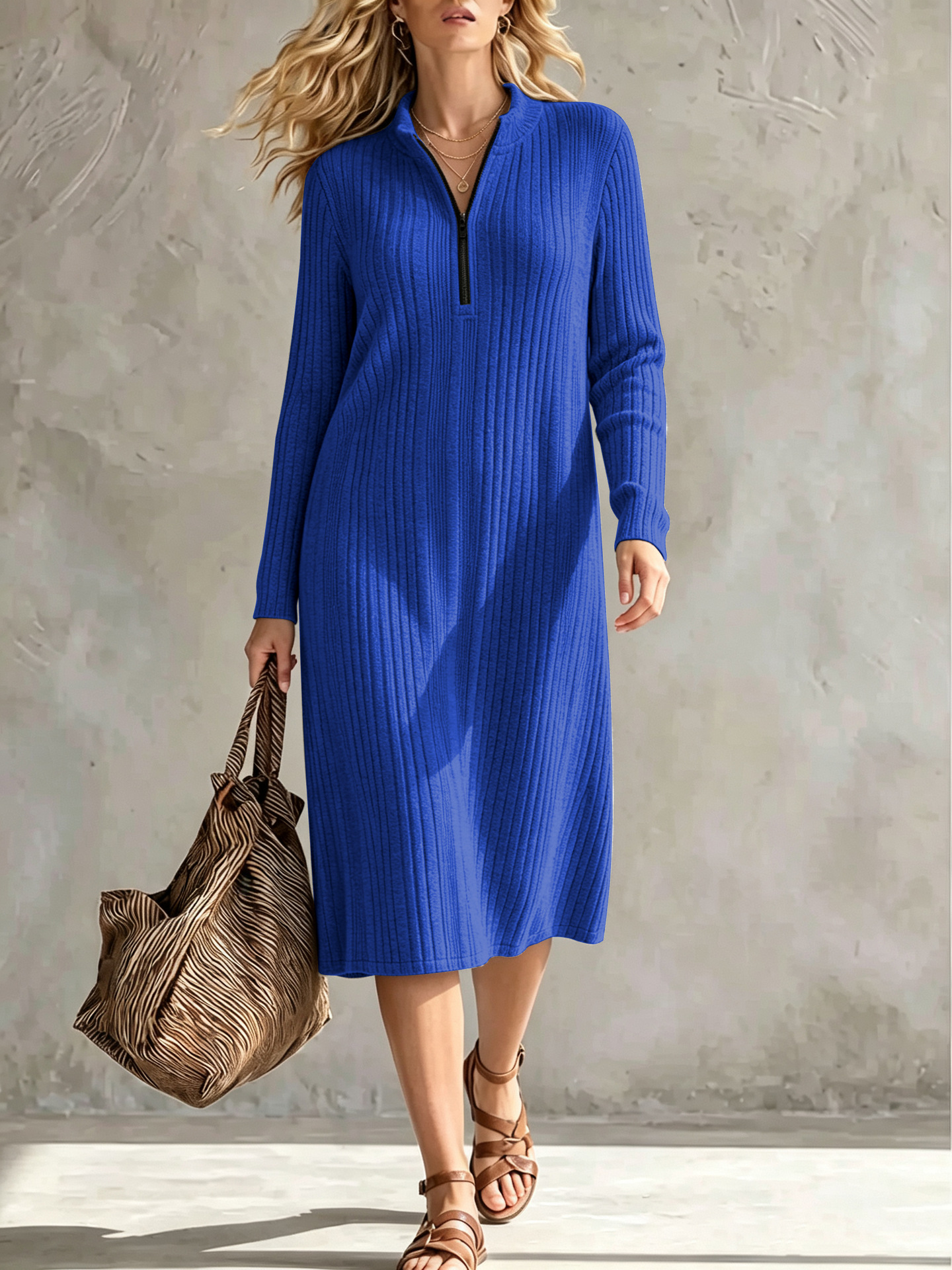 Women Ribbed Knit Quarter-Zip Midi Dress