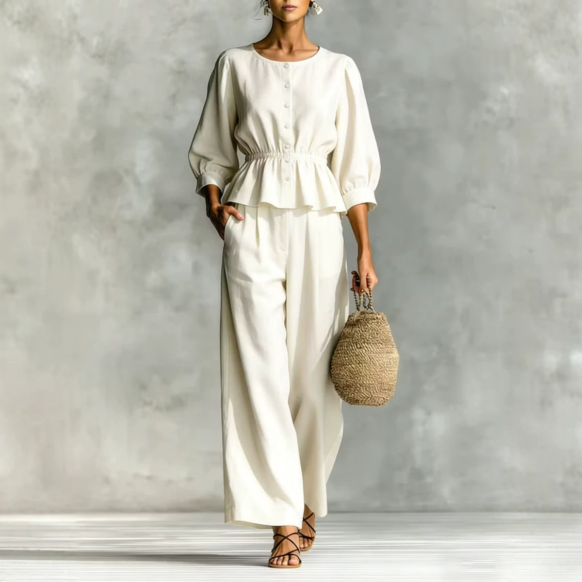 Women Linen Blend Peplum Top & Wide‑Leg Pant Set