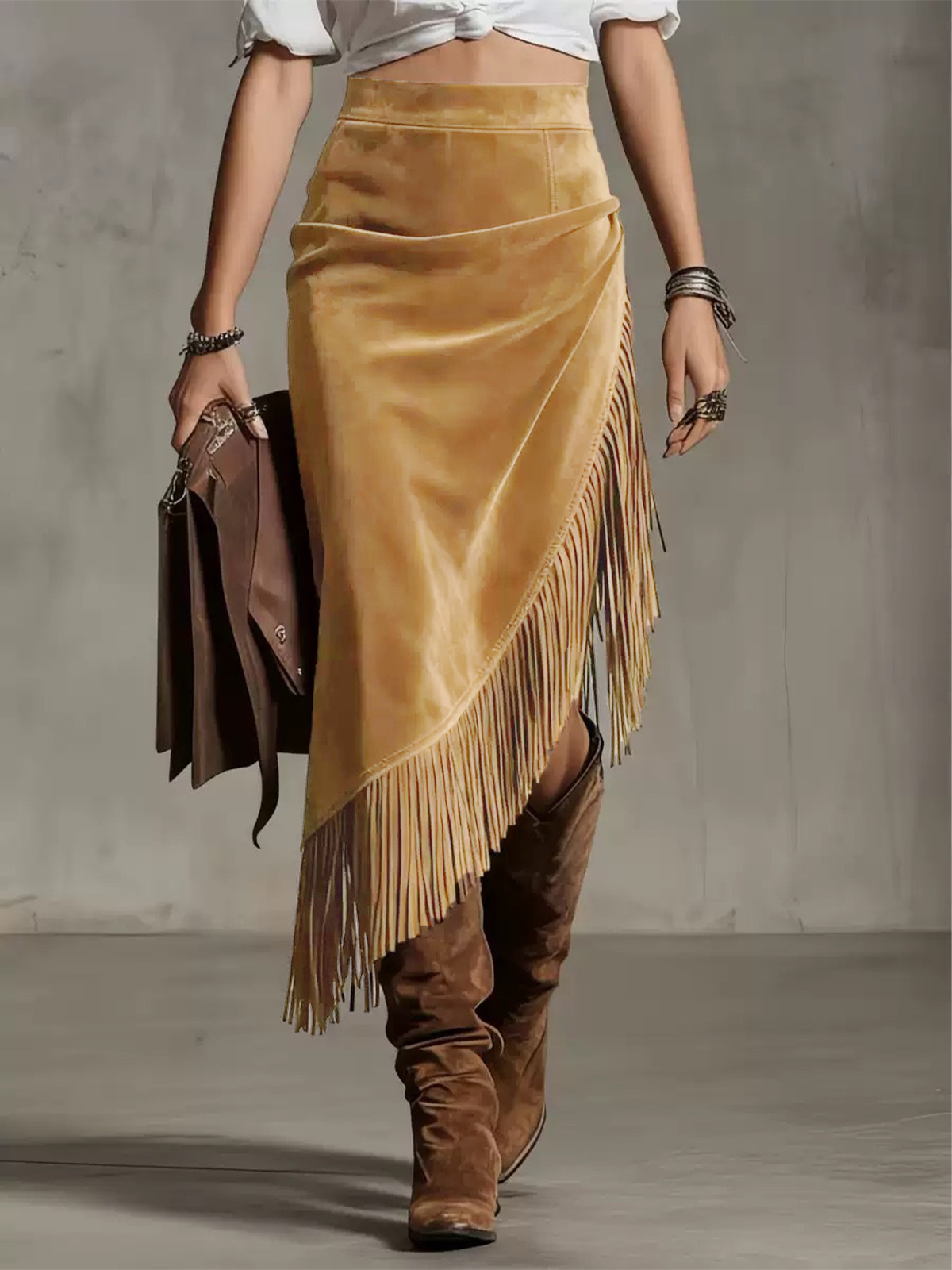 Women Boho Fringe Asymmetrical Midi Skirt