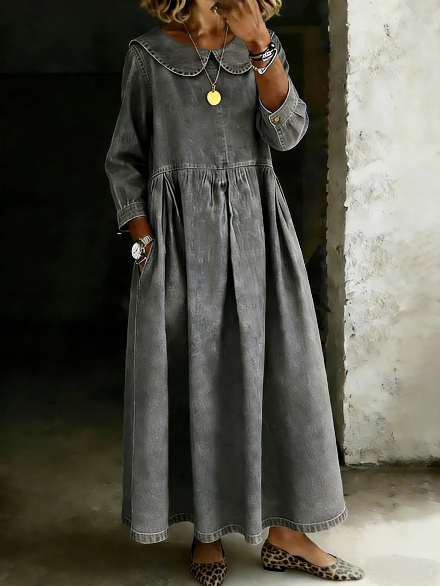 Women Vintage-Inspired Peter Pan Collar Maxi Dress