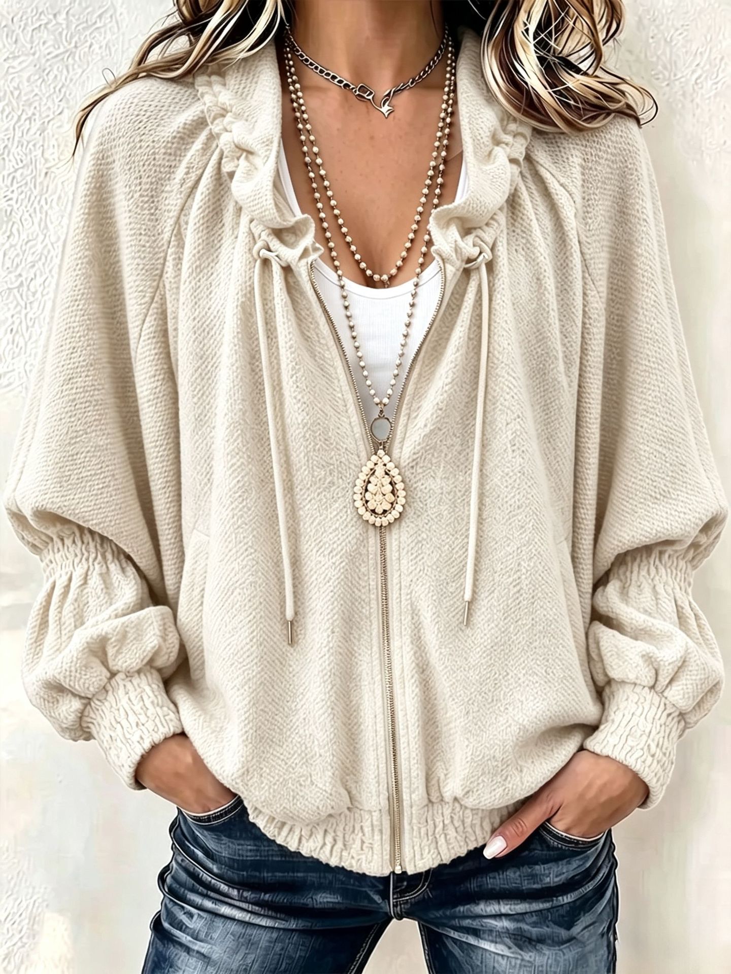 Women Textured Hooded Zip-Up Jacket