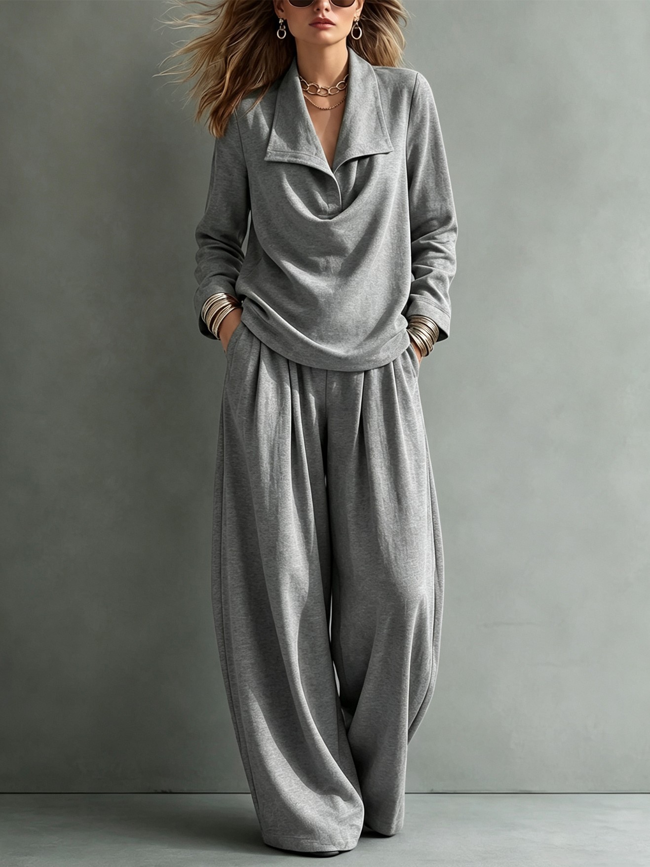Women Elegant Draped Collar Wide-Leg Two-Piece Set
