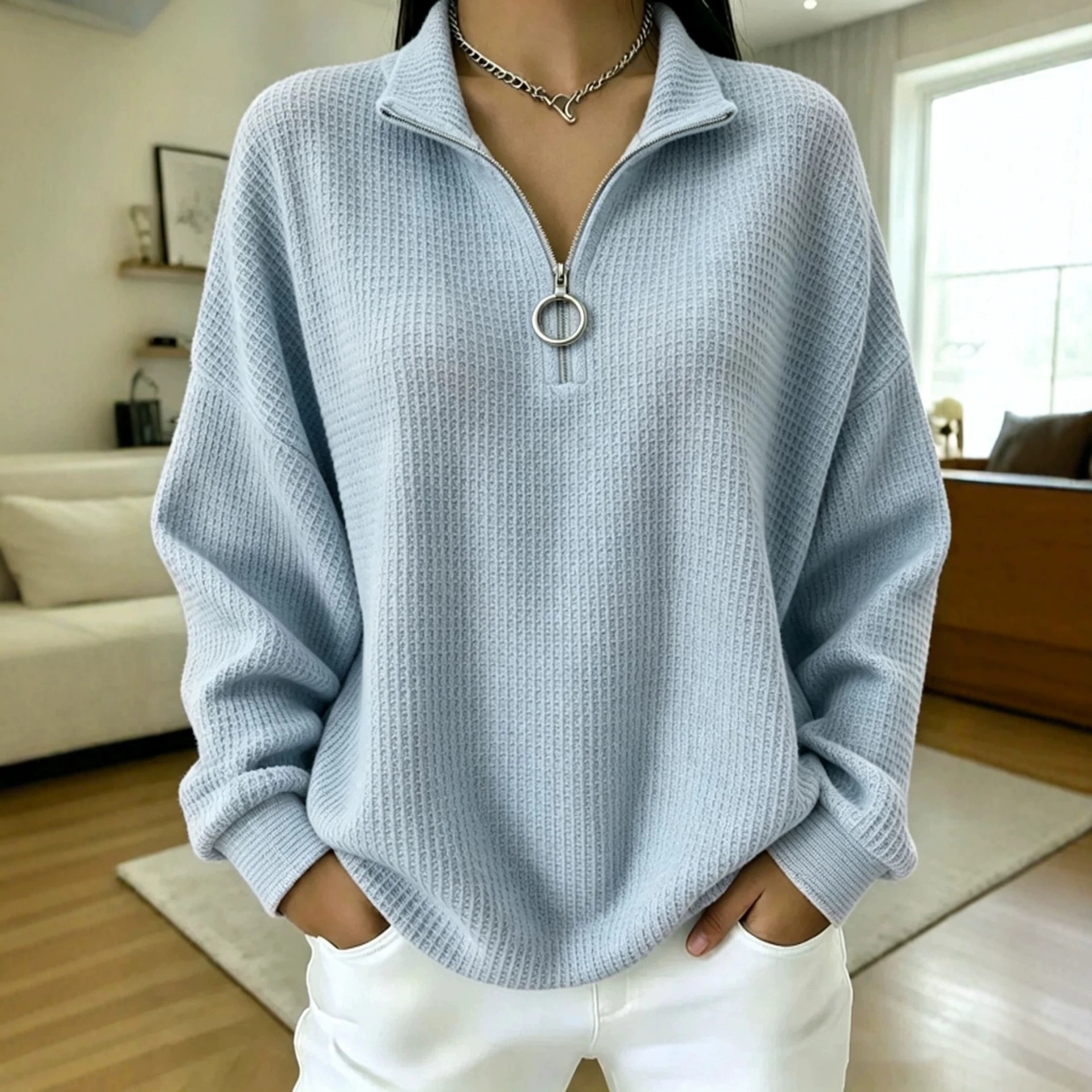 Women Textured Half-Zip Knit Pullover