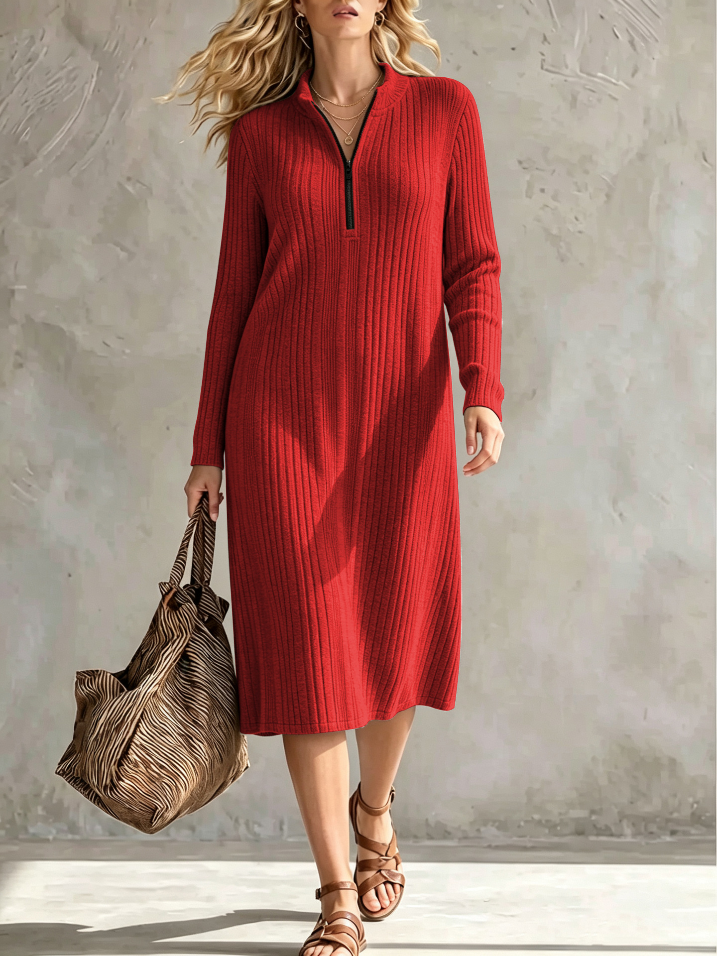 Women Ribbed Knit Quarter-Zip Midi Dress