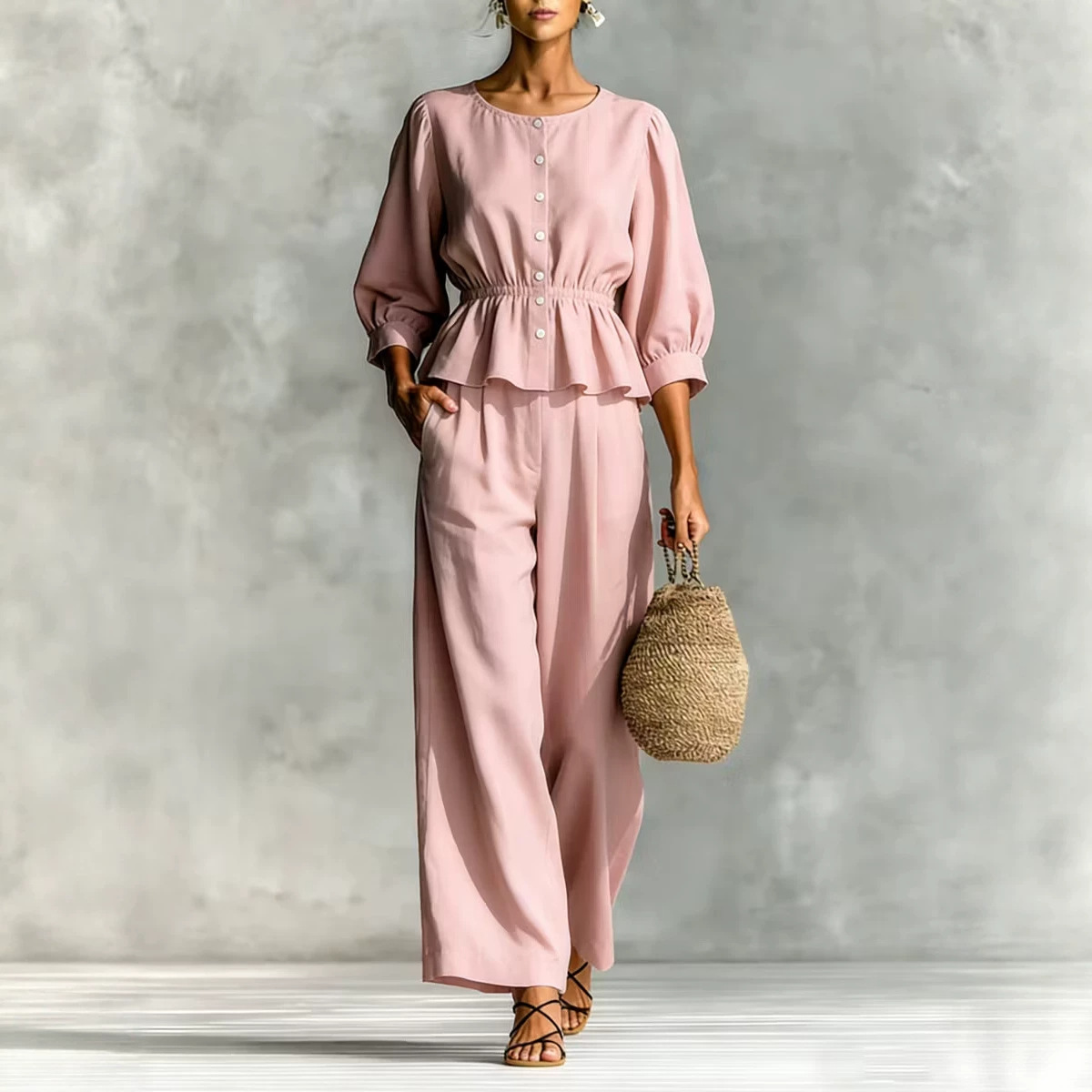 Women Linen Blend Peplum Top & Wide‑Leg Pant Set