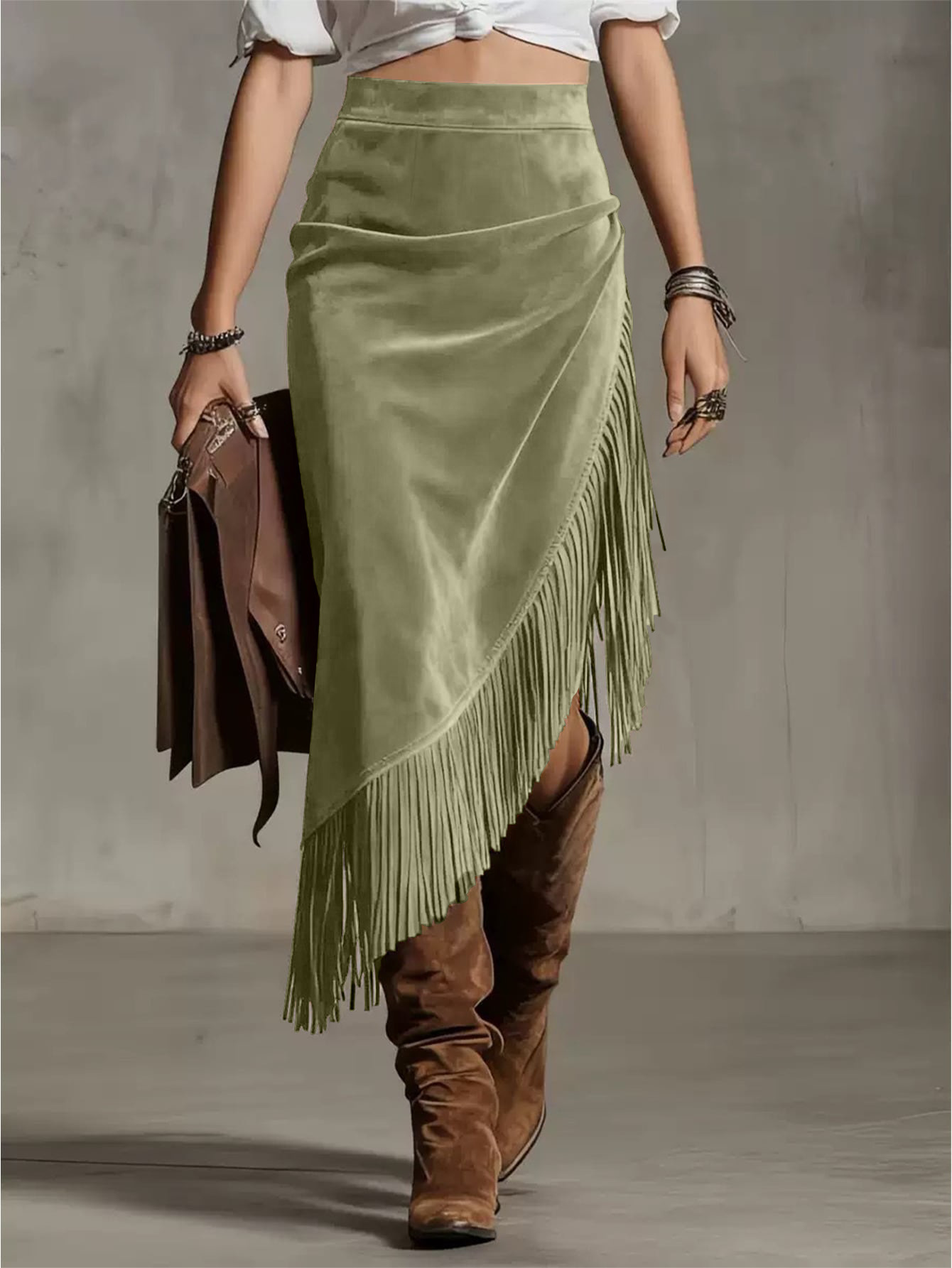 Women Boho Fringe Asymmetrical Midi Skirt