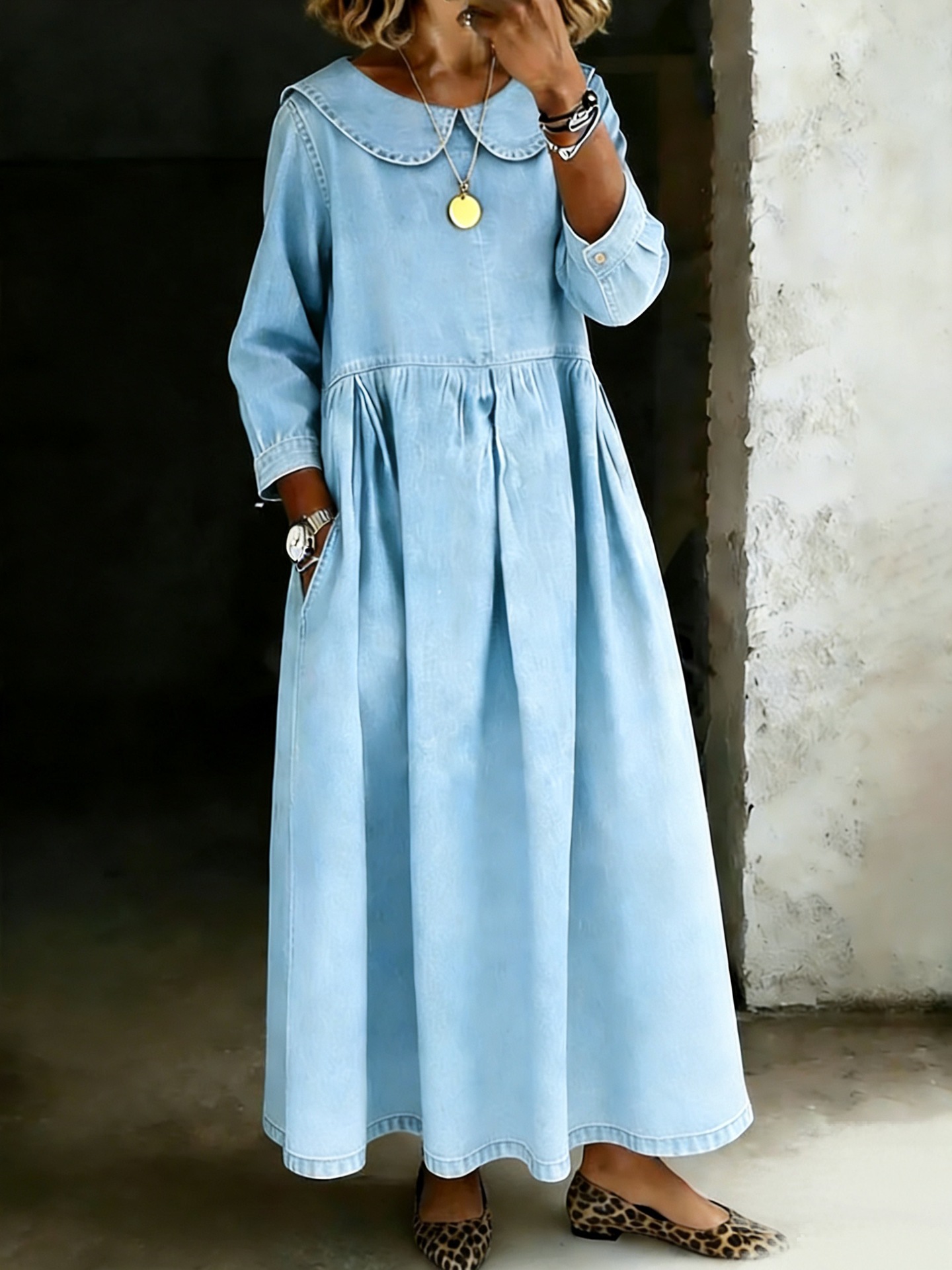 Women Vintage-Inspired Peter Pan Collar Maxi Dress