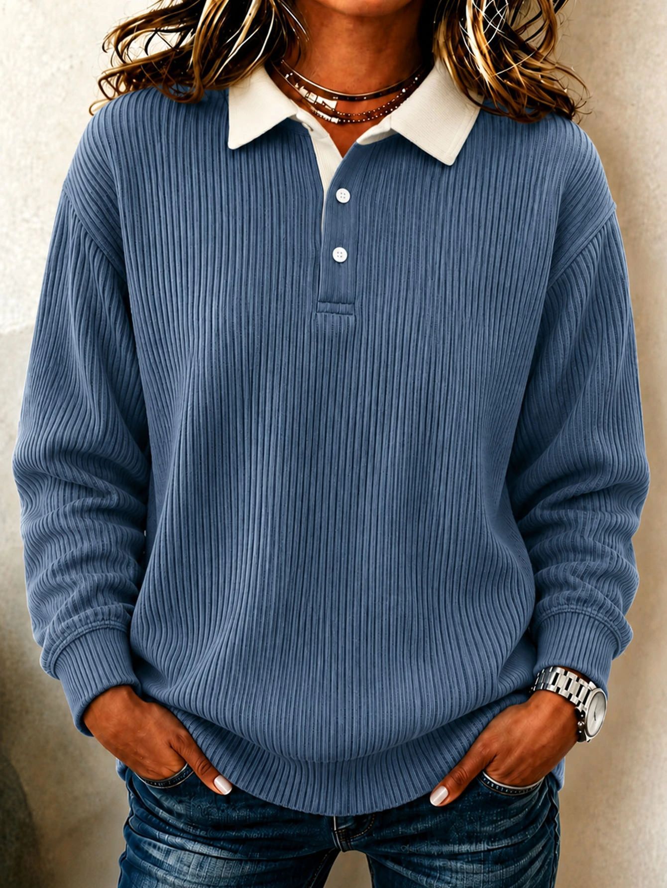 Women Ribbed Knit Collared Pullover
