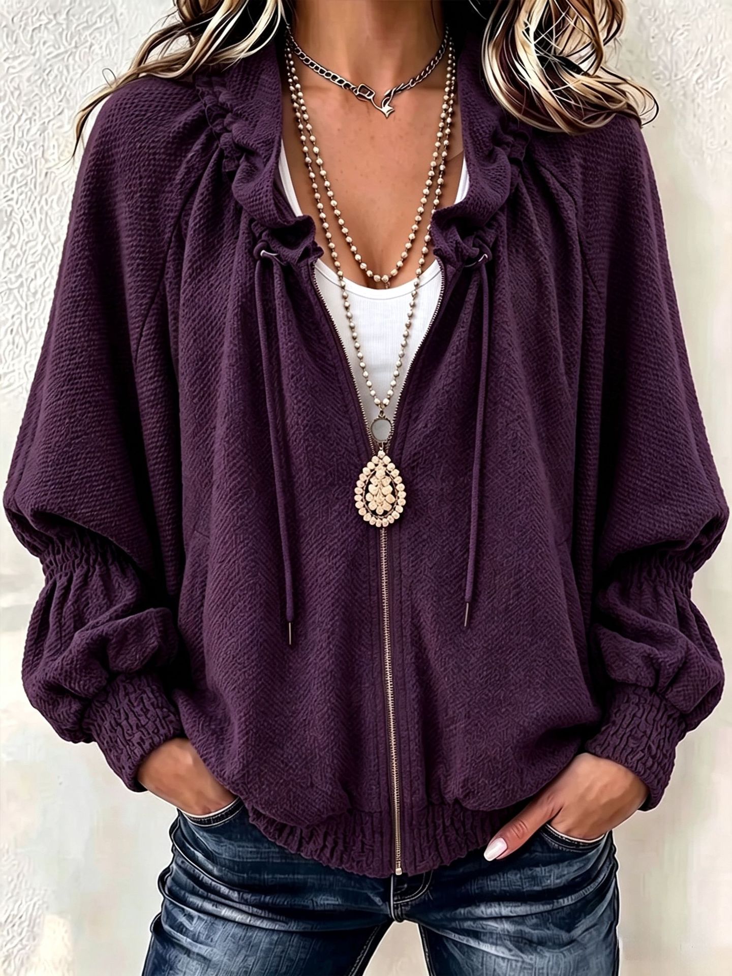 Women Textured Hooded Zip-Up Jacket