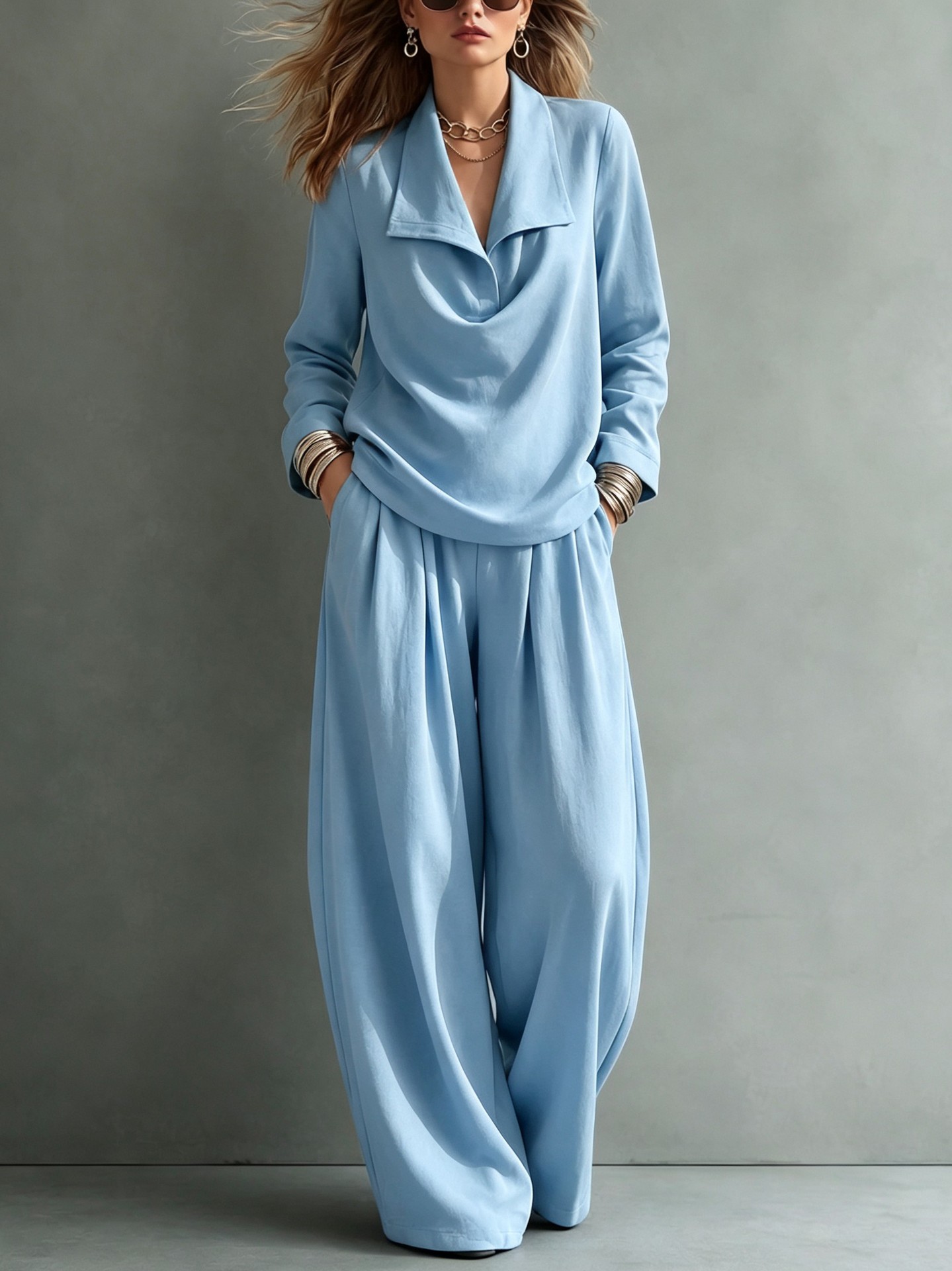 Women Elegant Draped Collar Wide-Leg Two-Piece Set