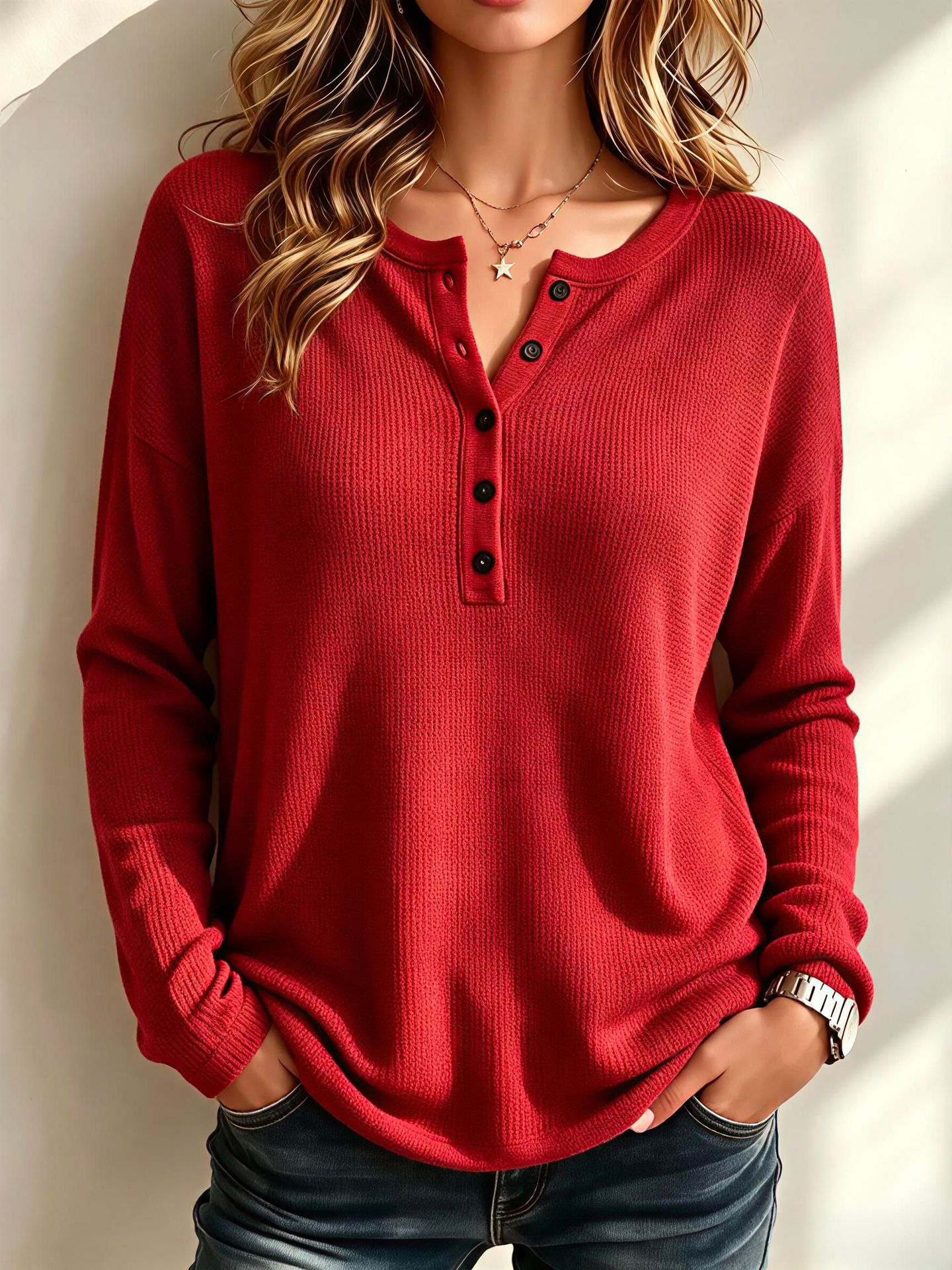 Women Cozy Textured Henley Knit Top