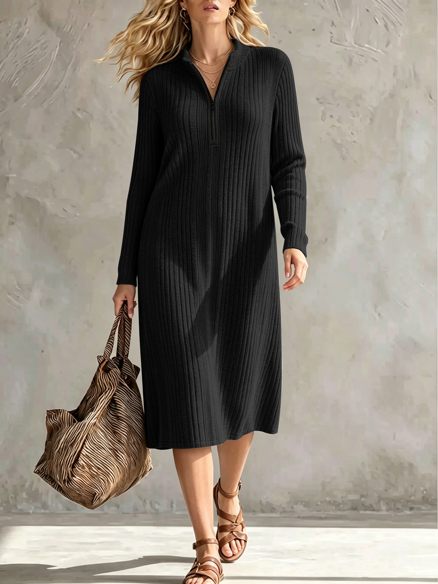 Women Ribbed Knit Quarter-Zip Midi Dress
