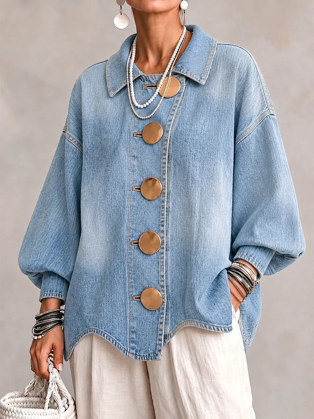 Women Relaxed Denim Button-Up Jacket