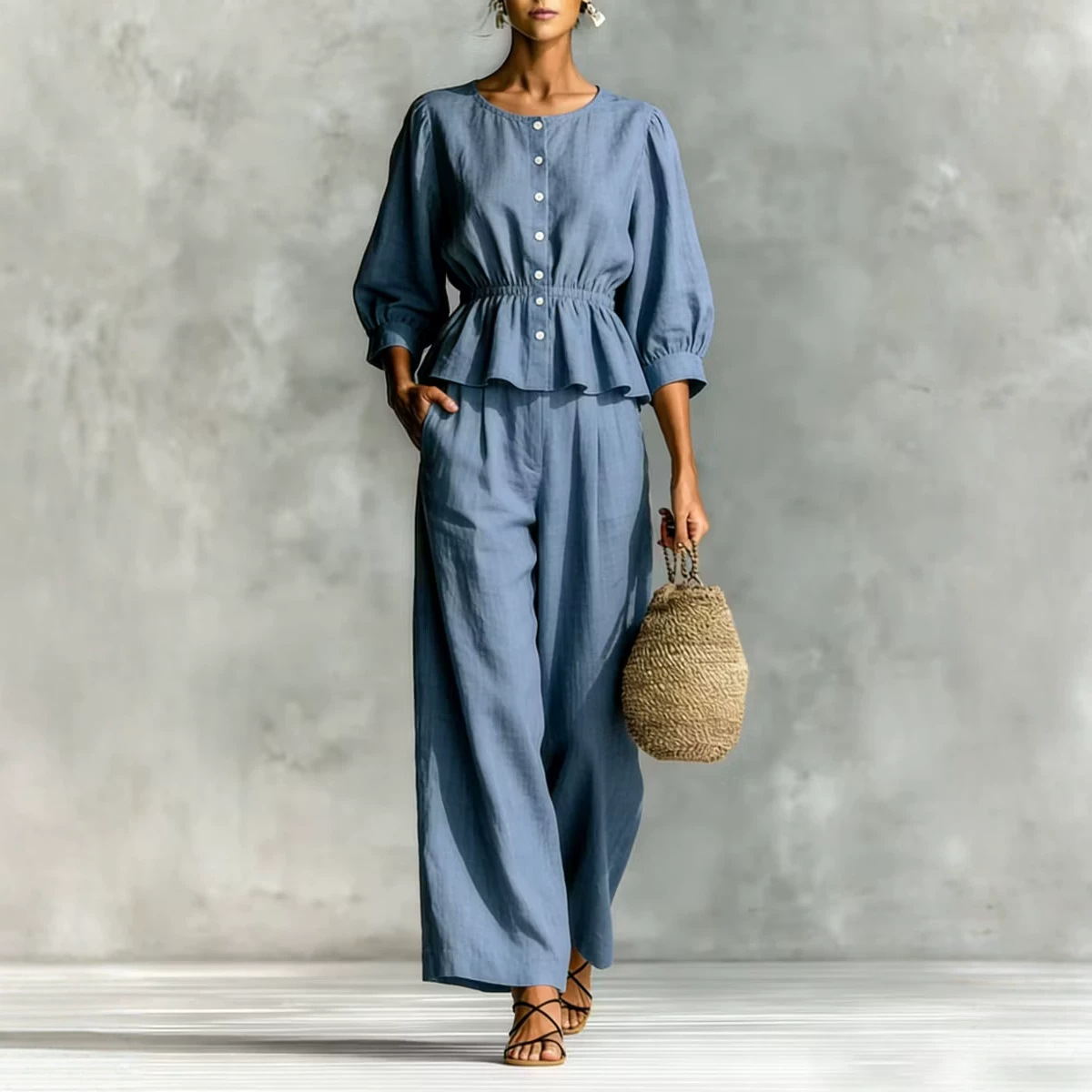 Women Linen Blend Peplum Top & Wide‑Leg Pant Set