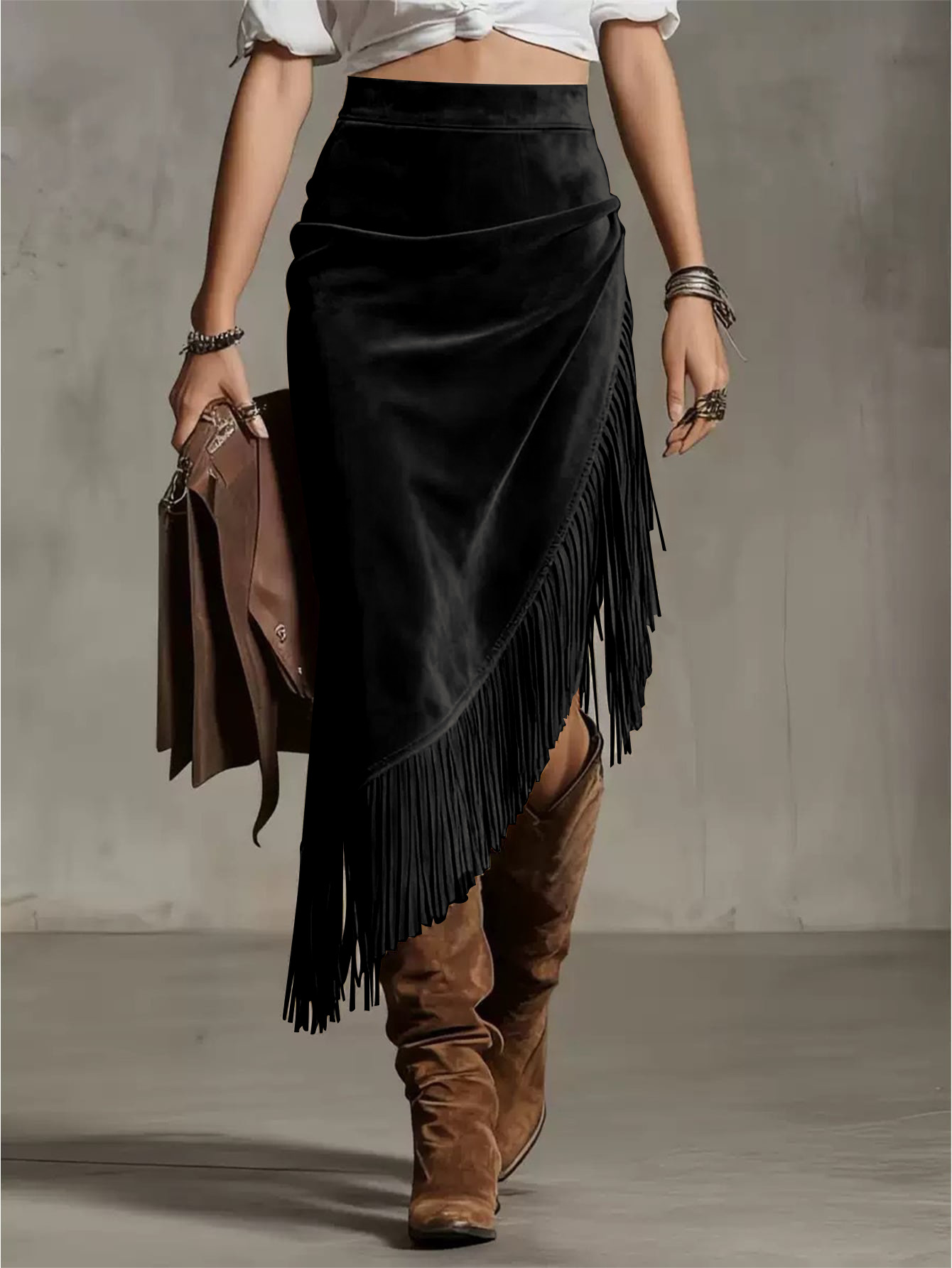 Women Boho Fringe Asymmetrical Midi Skirt