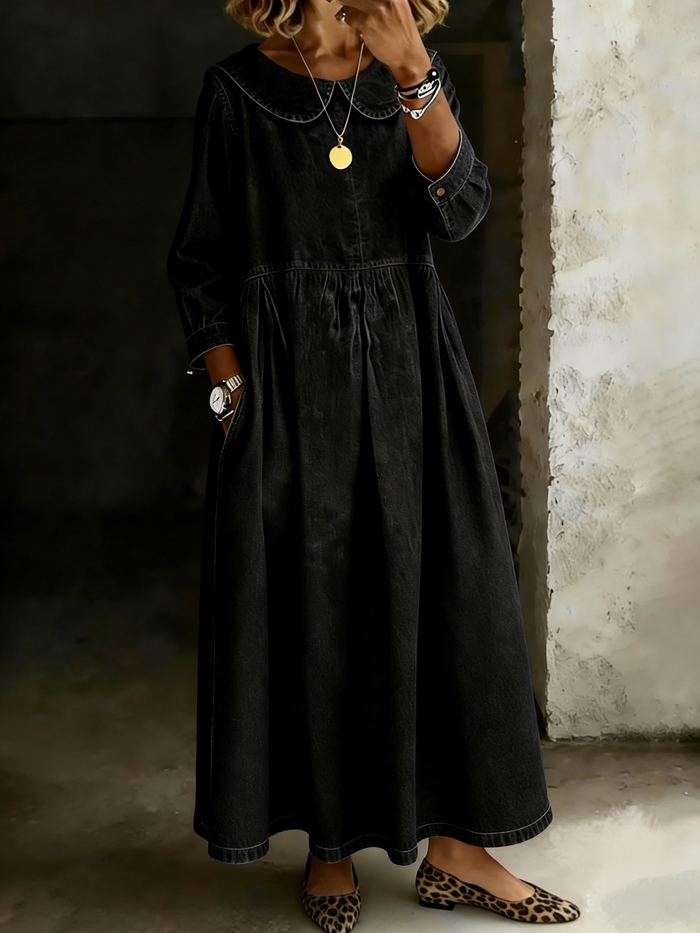 Women Vintage-Inspired Peter Pan Collar Maxi Dress