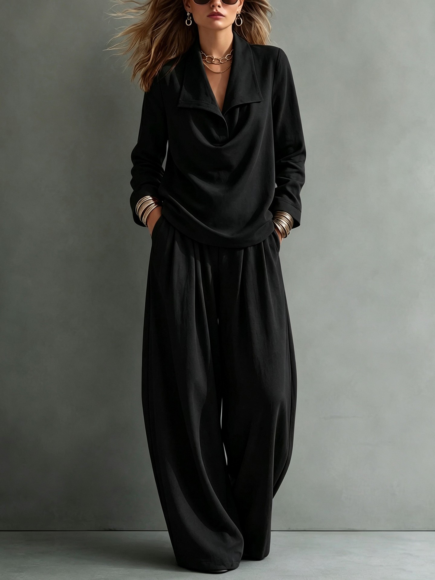 Women Elegant Draped Collar Wide-Leg Two-Piece Set
