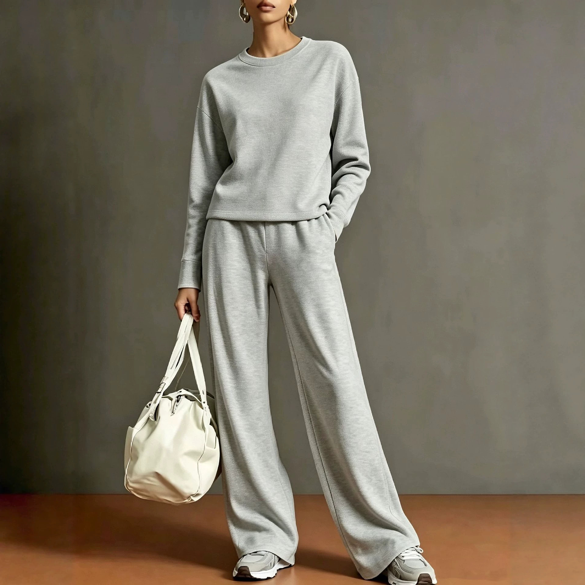 Women Textured Zip-Up Hoodie & Wide-Leg Pants Set