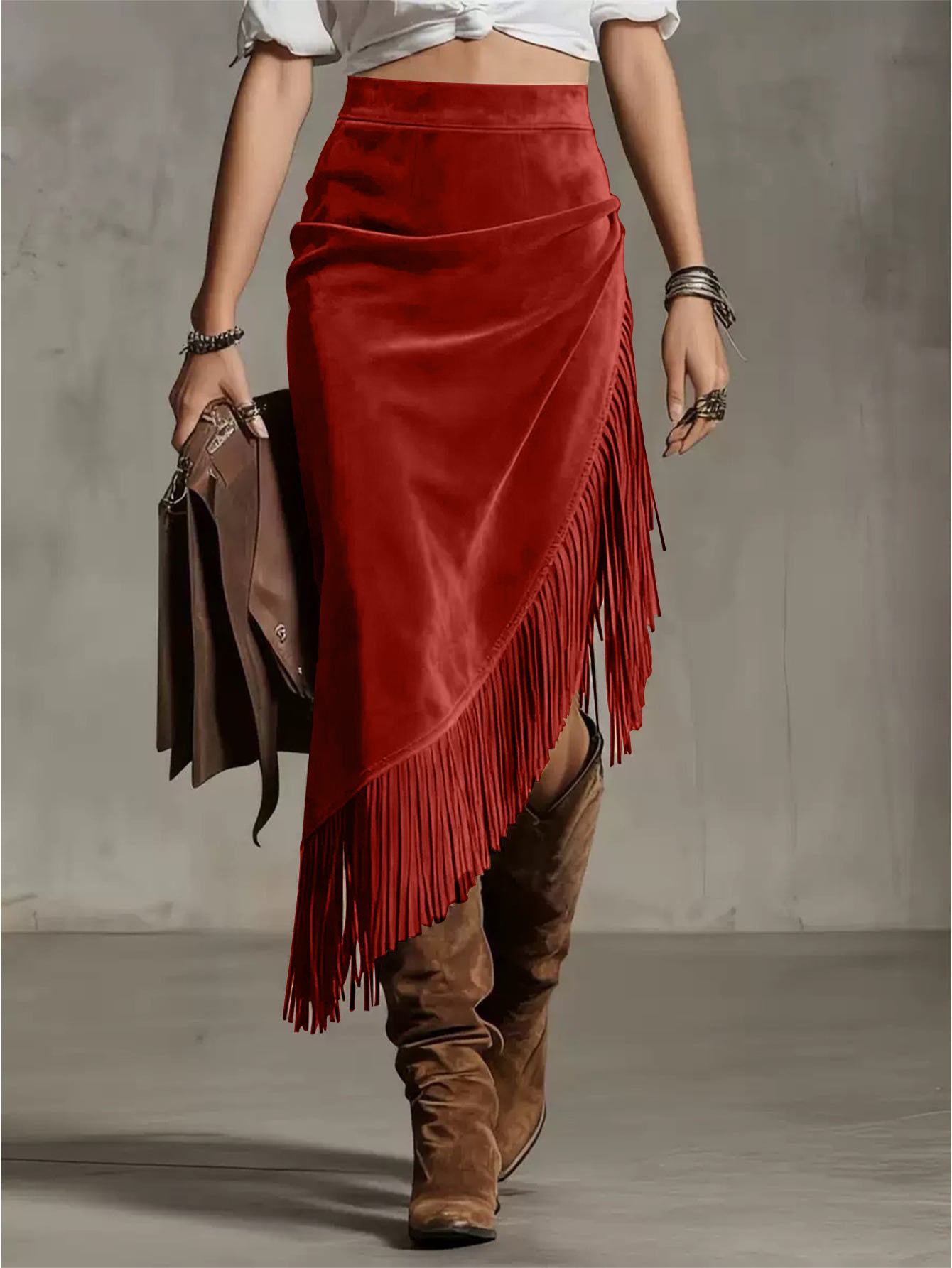 Women Boho Fringe Asymmetrical Midi Skirt