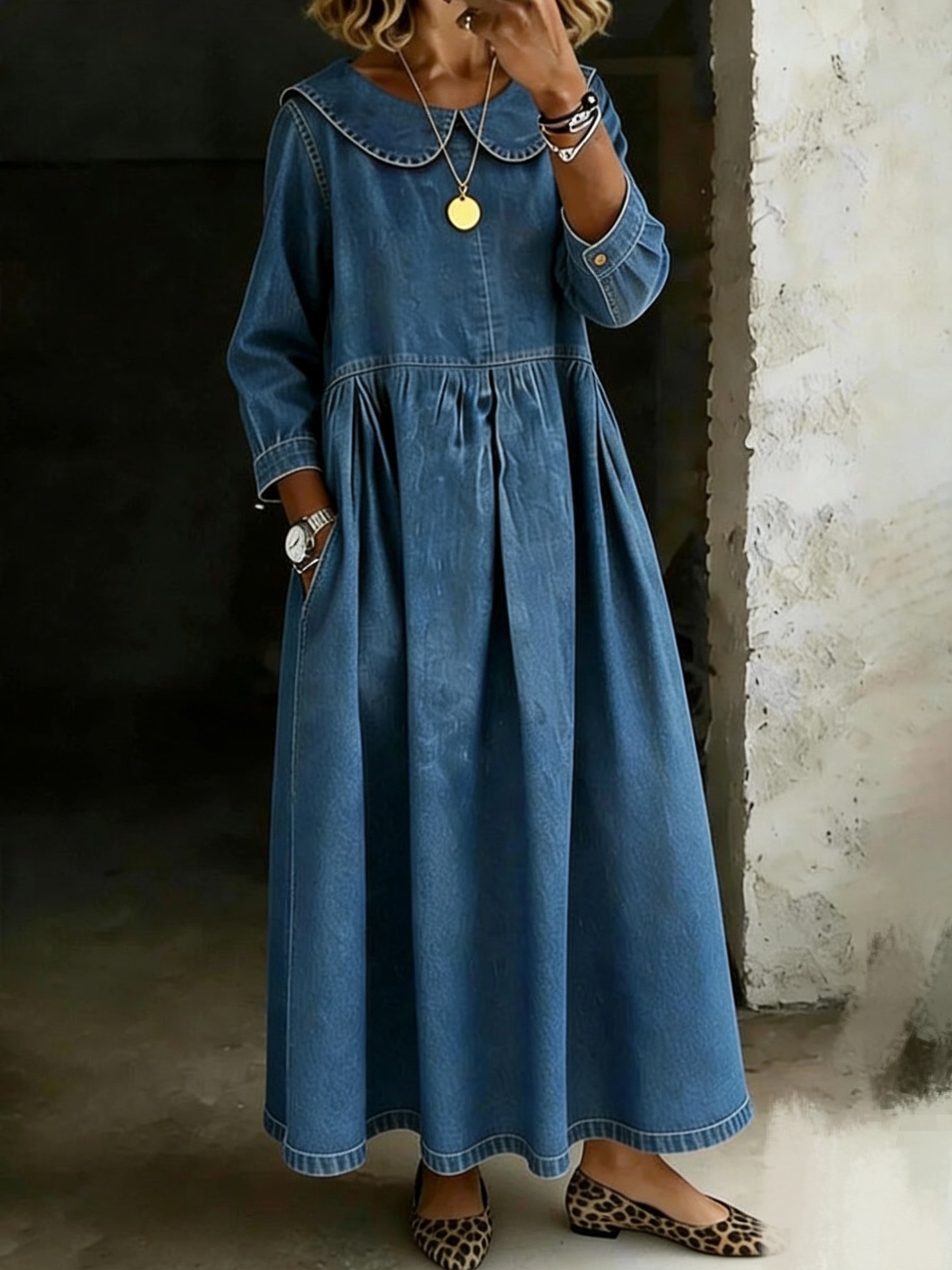 Women Vintage-Inspired Peter Pan Collar Maxi Dress