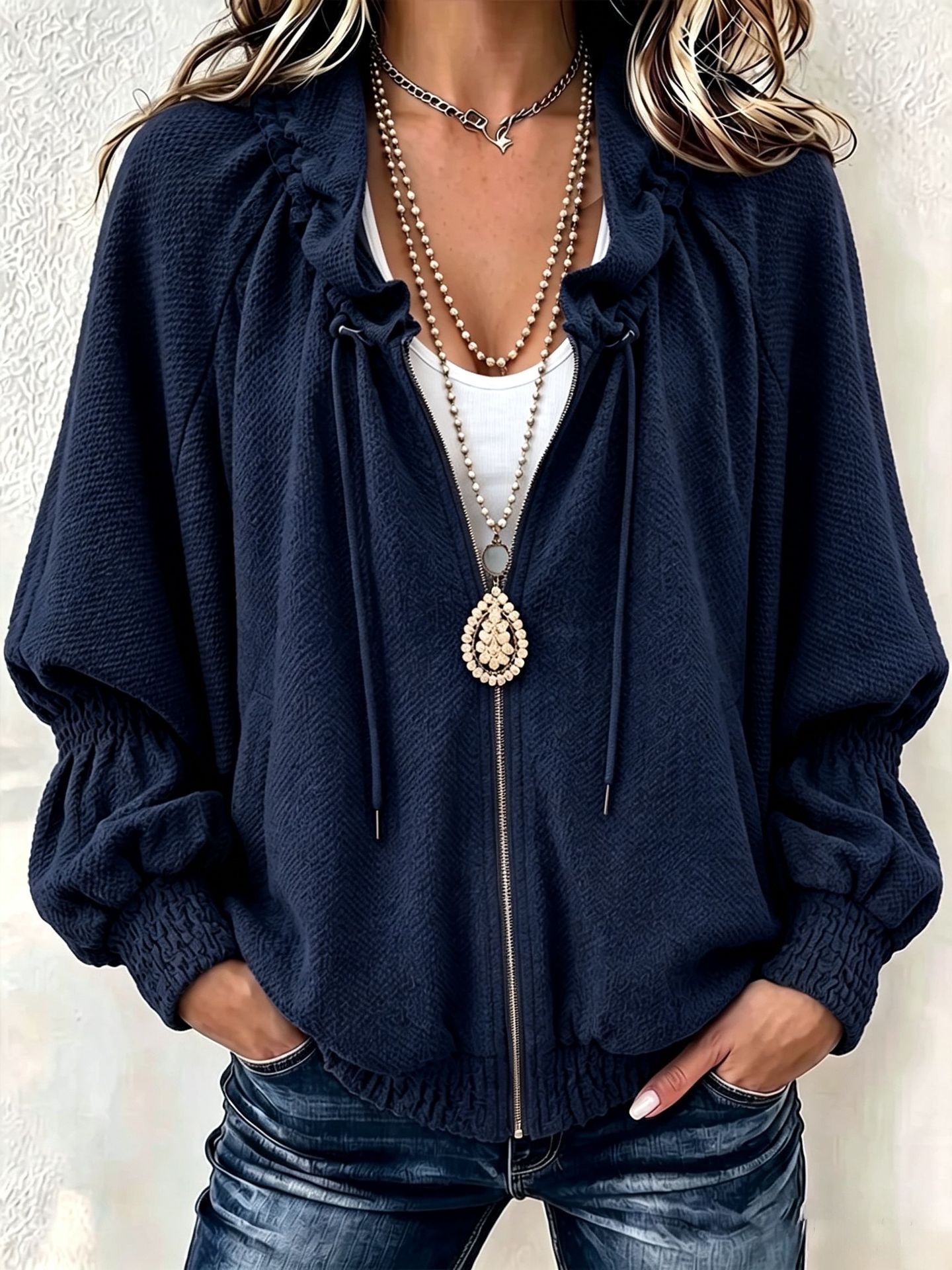 Women Textured Hooded Zip-Up Jacket