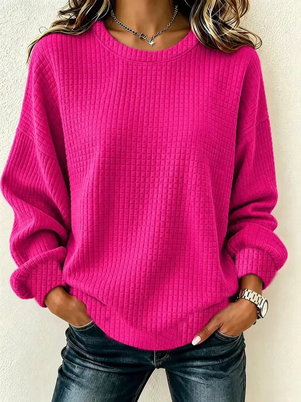 Women Textured Waffle Knit Pullover