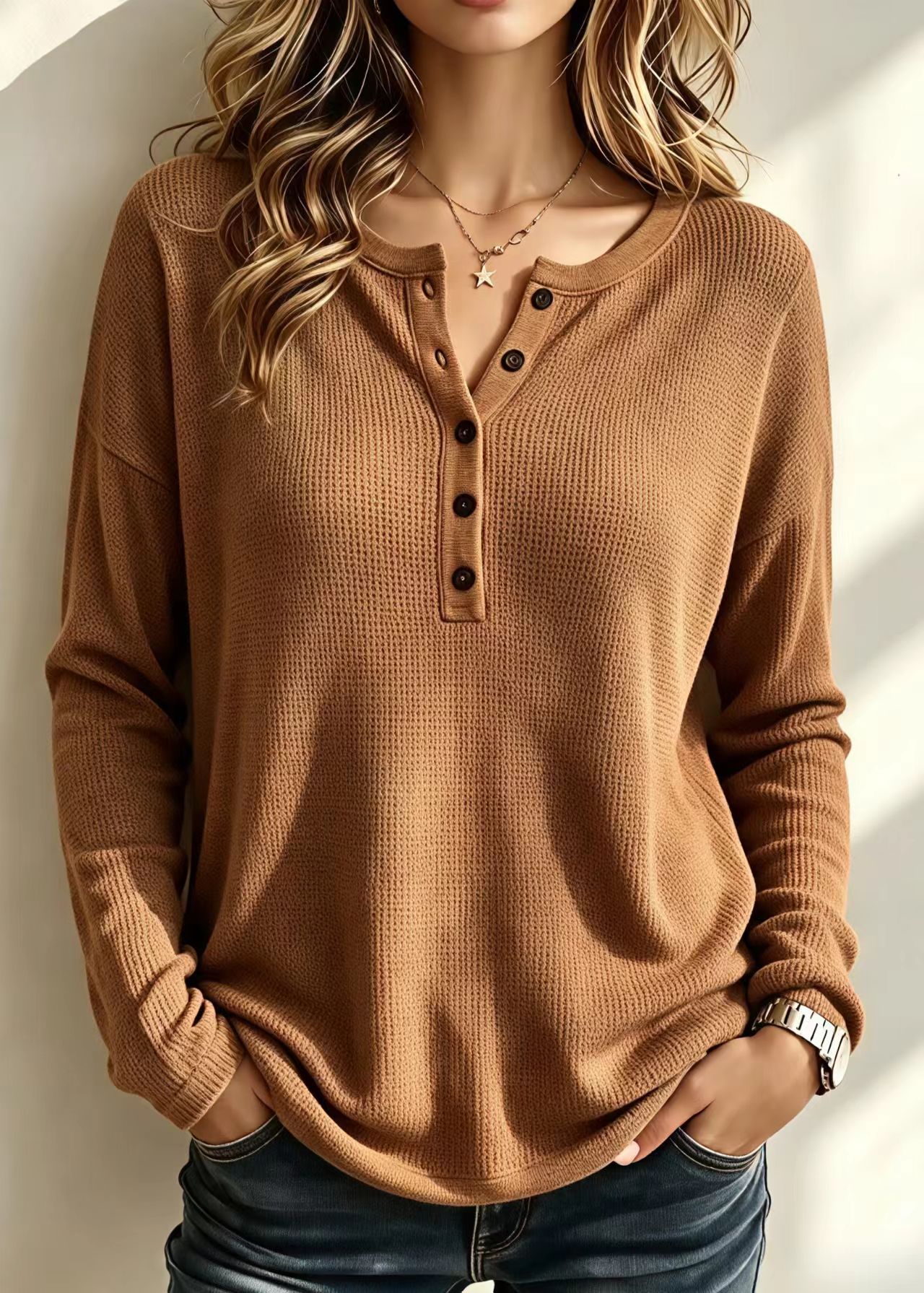 Women Cozy Textured Henley Knit Top