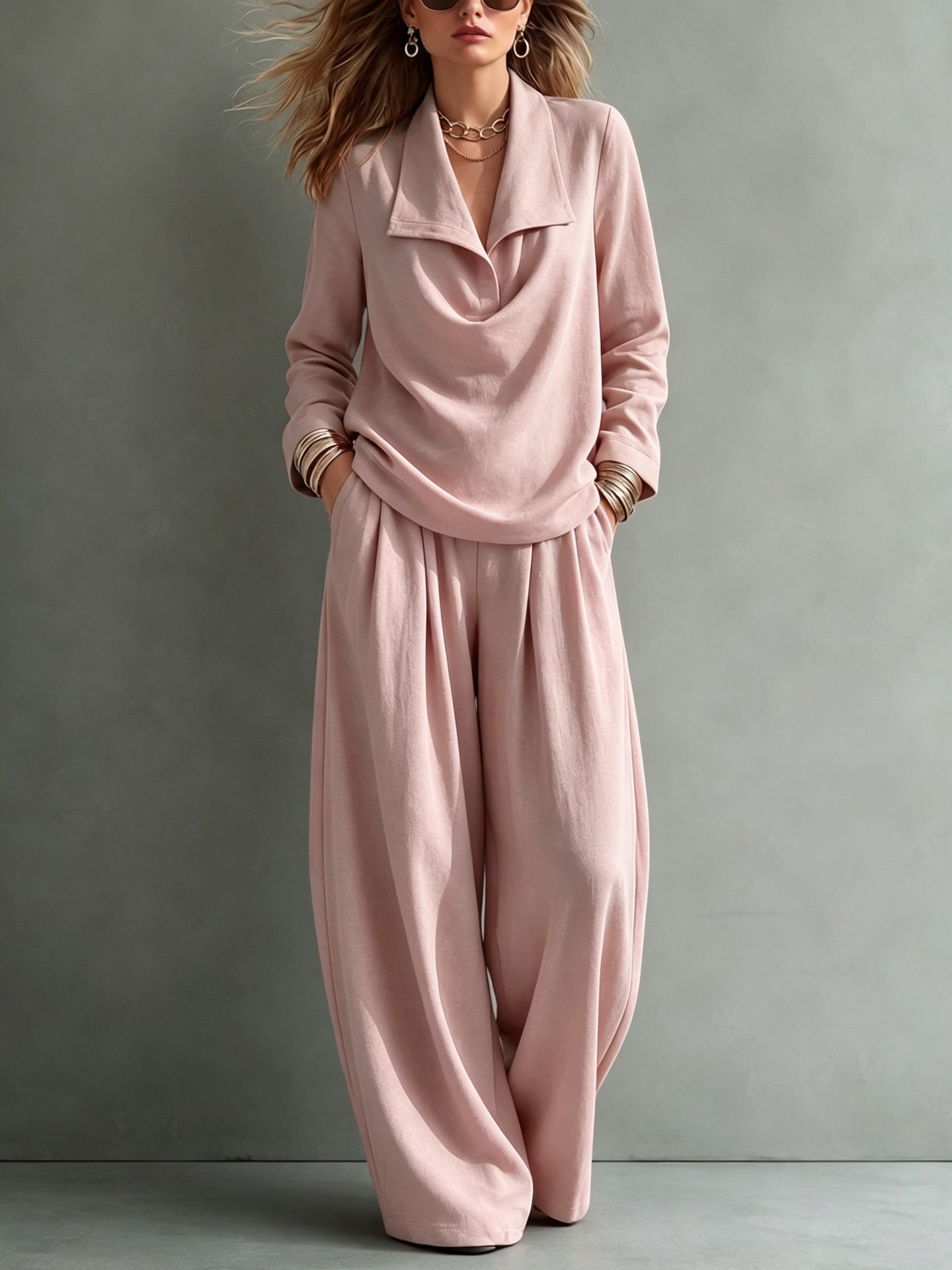 Women Elegant Draped Collar Wide-Leg Two-Piece Set