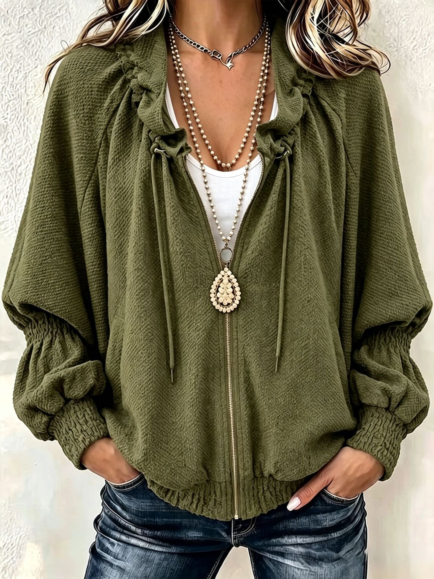 Women Textured Hooded Zip-Up Jacket
