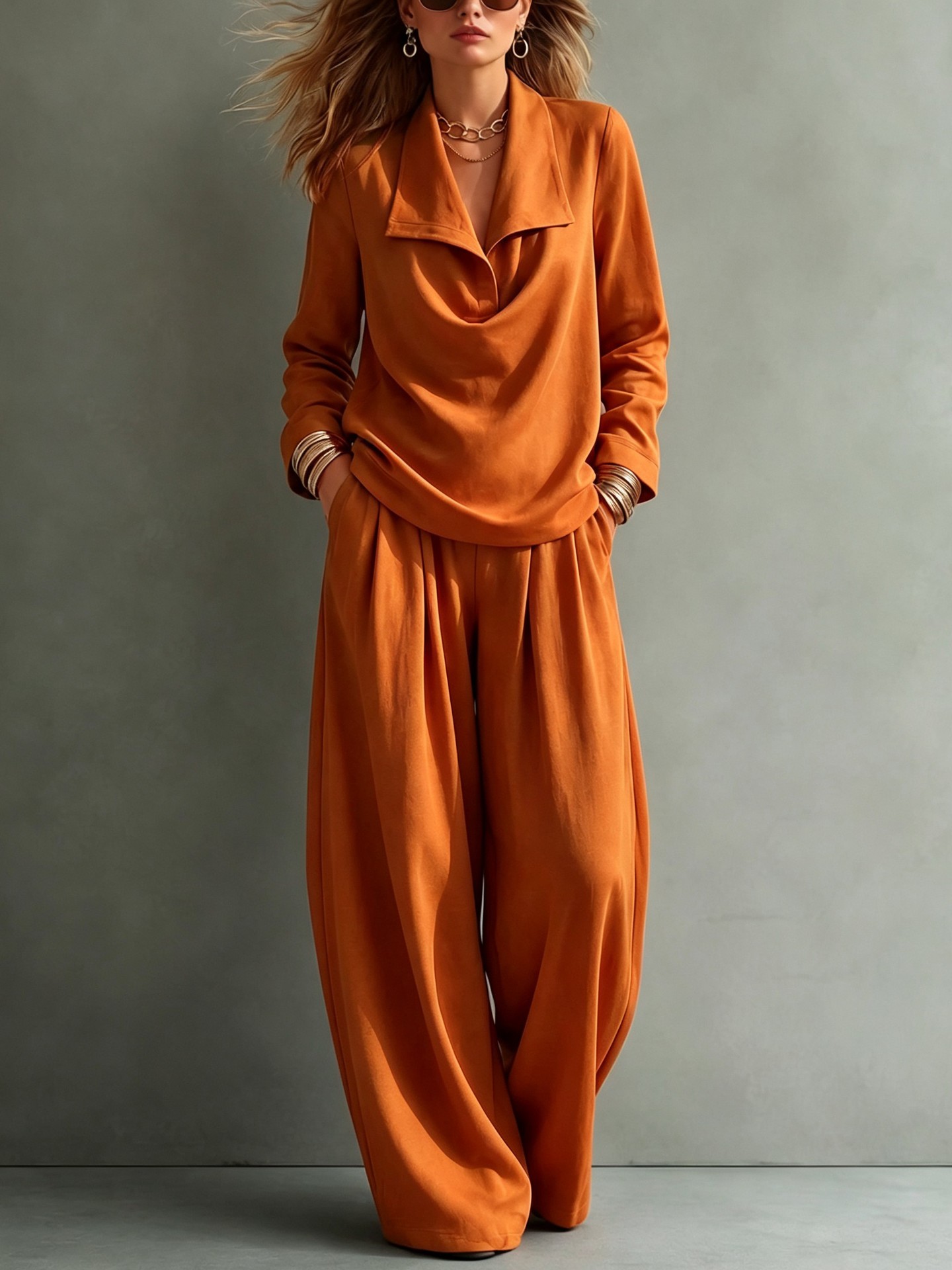 Women Elegant Draped Collar Wide-Leg Two-Piece Set
