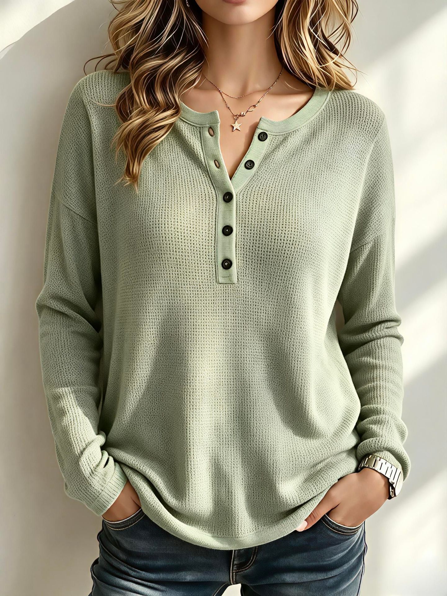 Women Cozy Textured Henley Knit Top