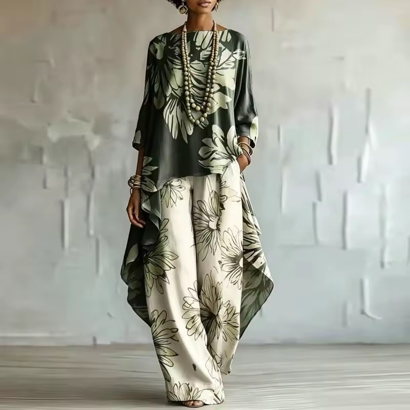 Women Boho Floral Two-Piece Wide-Leg Set