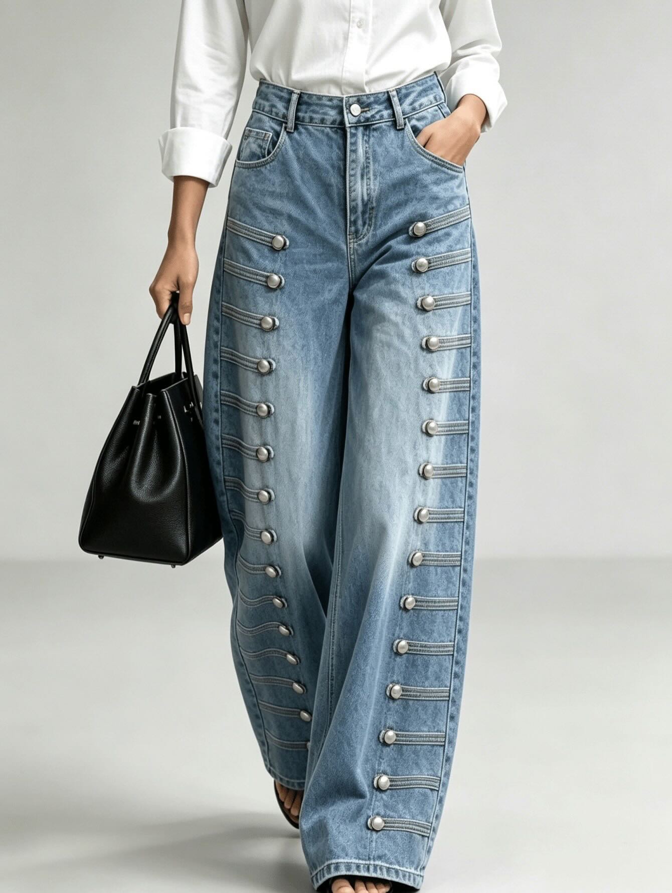 Women Button Detail Wide-Leg Denim Pants