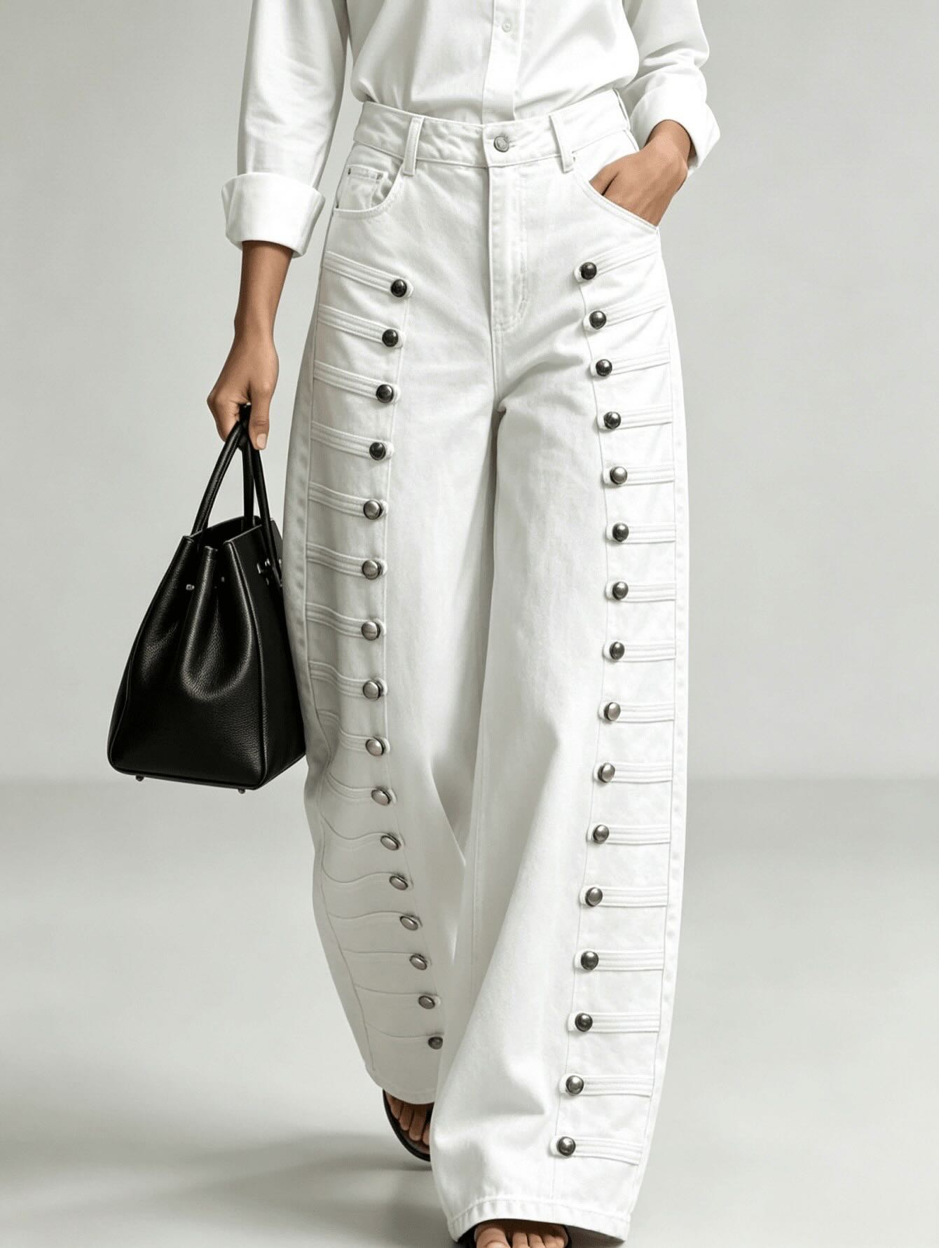 Women Button Detail Wide-Leg Denim Pants