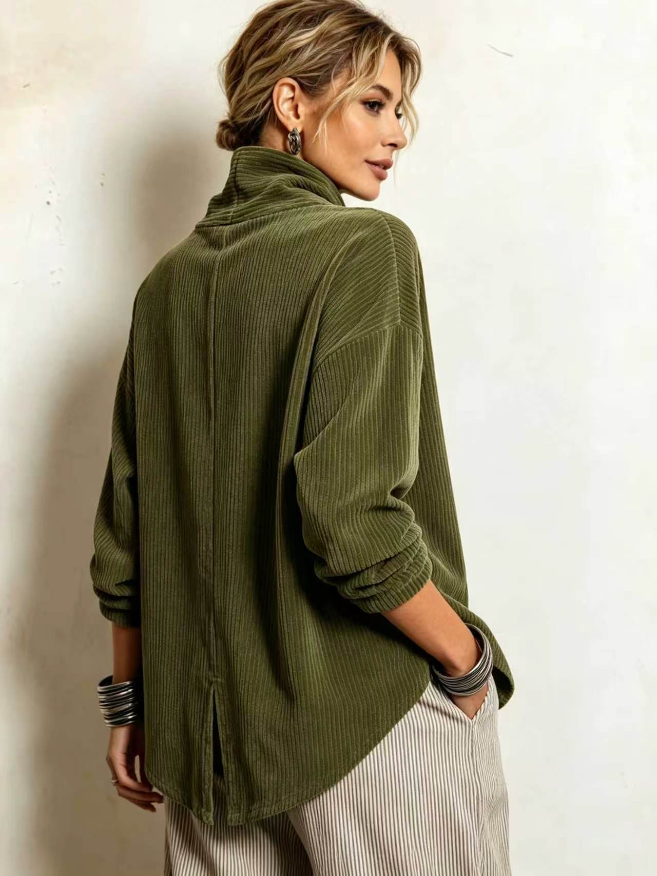 Women Asymmetric Corduroy Stand‑Collar Jacket