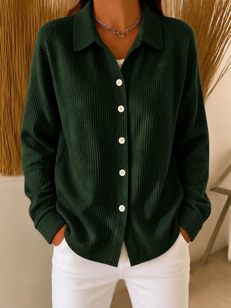 💙 Women’s Waffle Knit Shirt Collared Button-Down Long Sleeve Loose Top