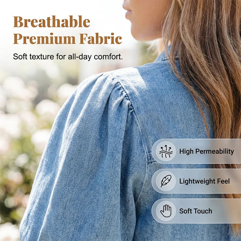 Women's Puff Sleeve Denim Button-Down Blouse