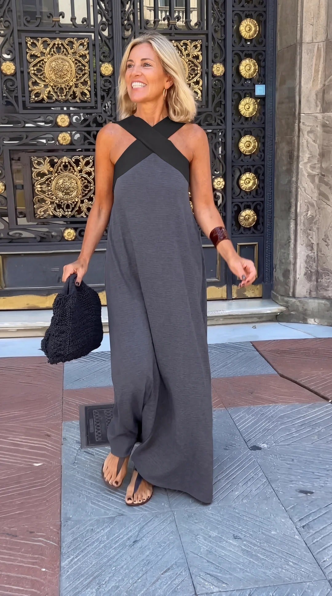 Celeste Contrast Crossover Halter Maxi Dress