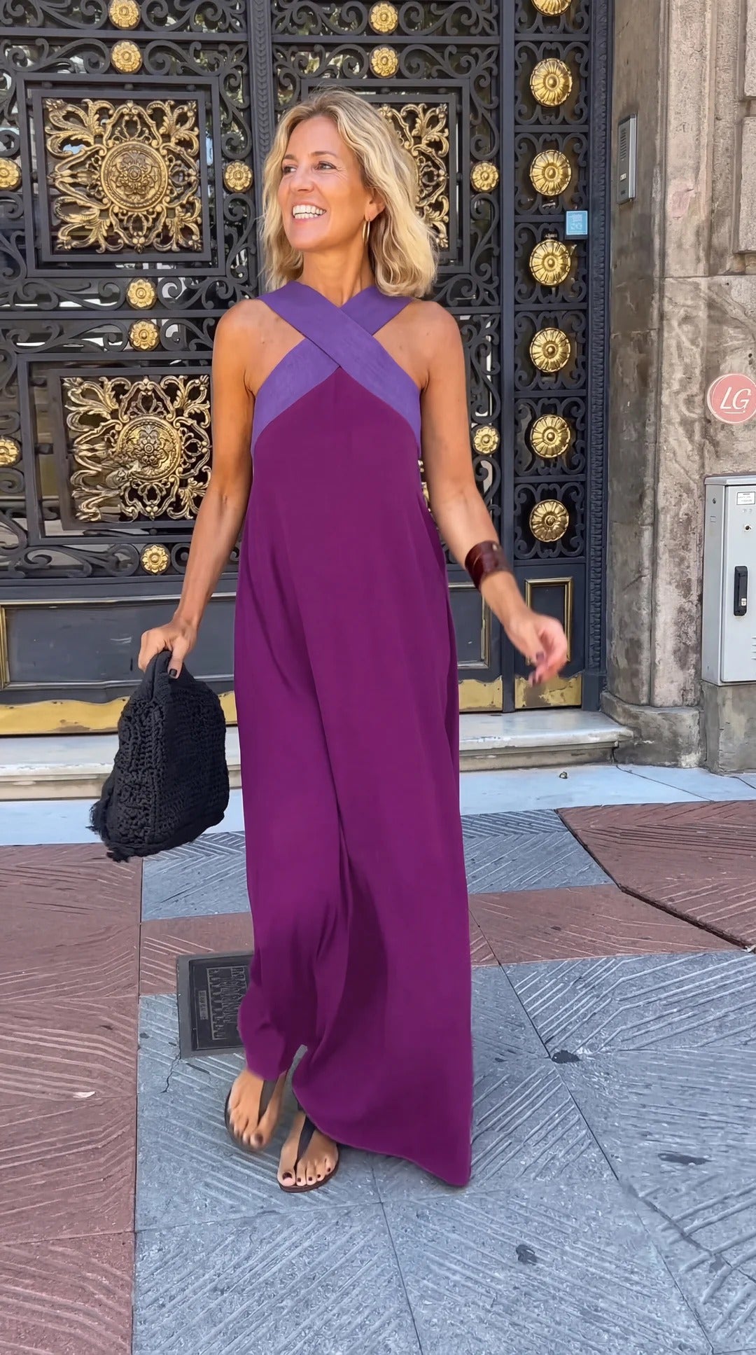 Celeste Contrast Crossover Halter Maxi Dress