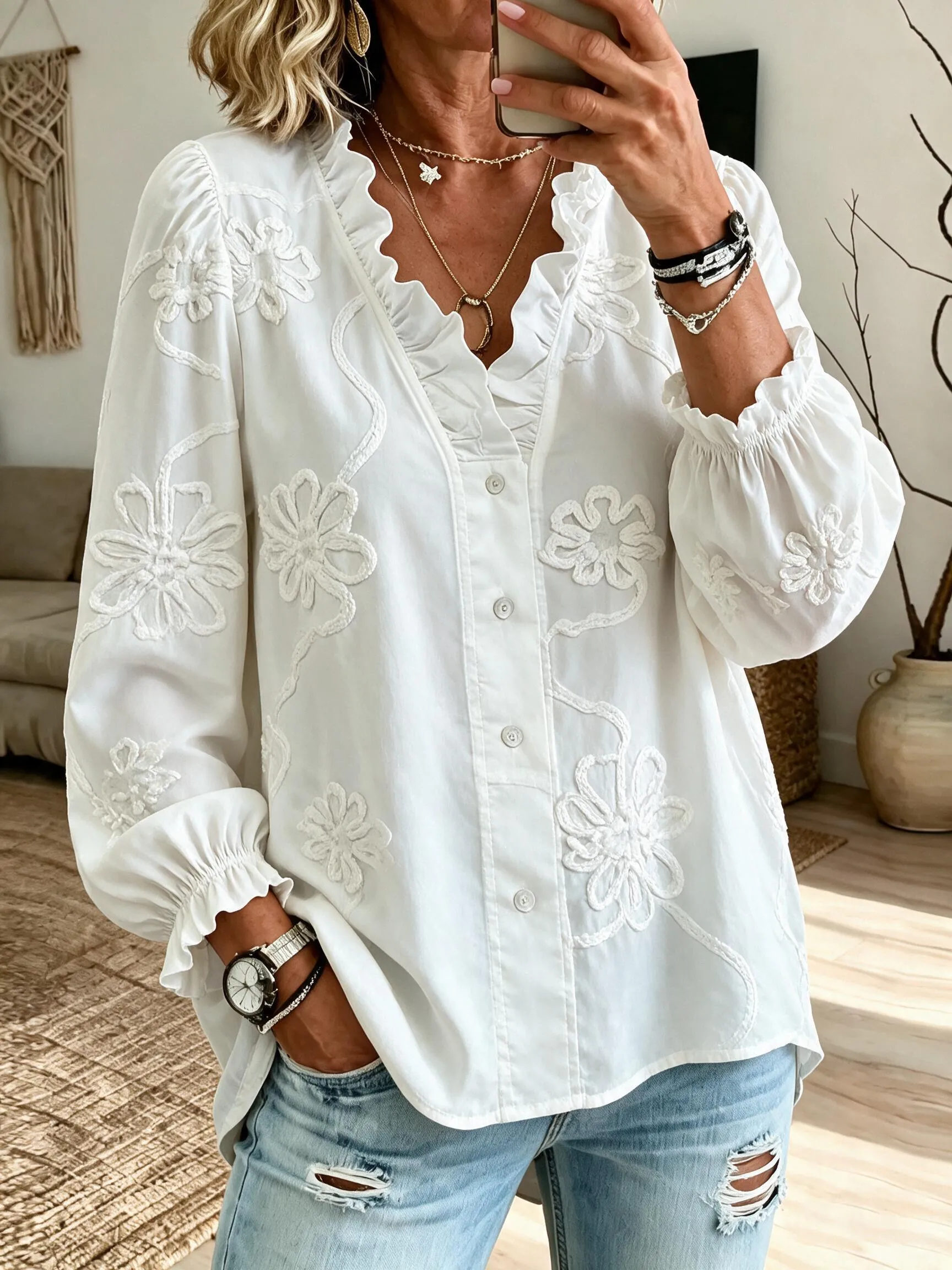 Women's long-sleeved embroidered ruffled blouse