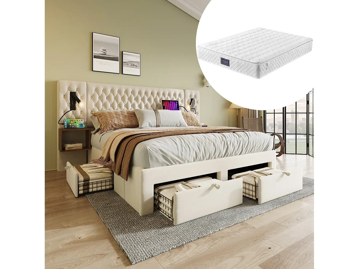 Geräumiges Bett 160 x 200 cm mit Nachttischen und Stauraum