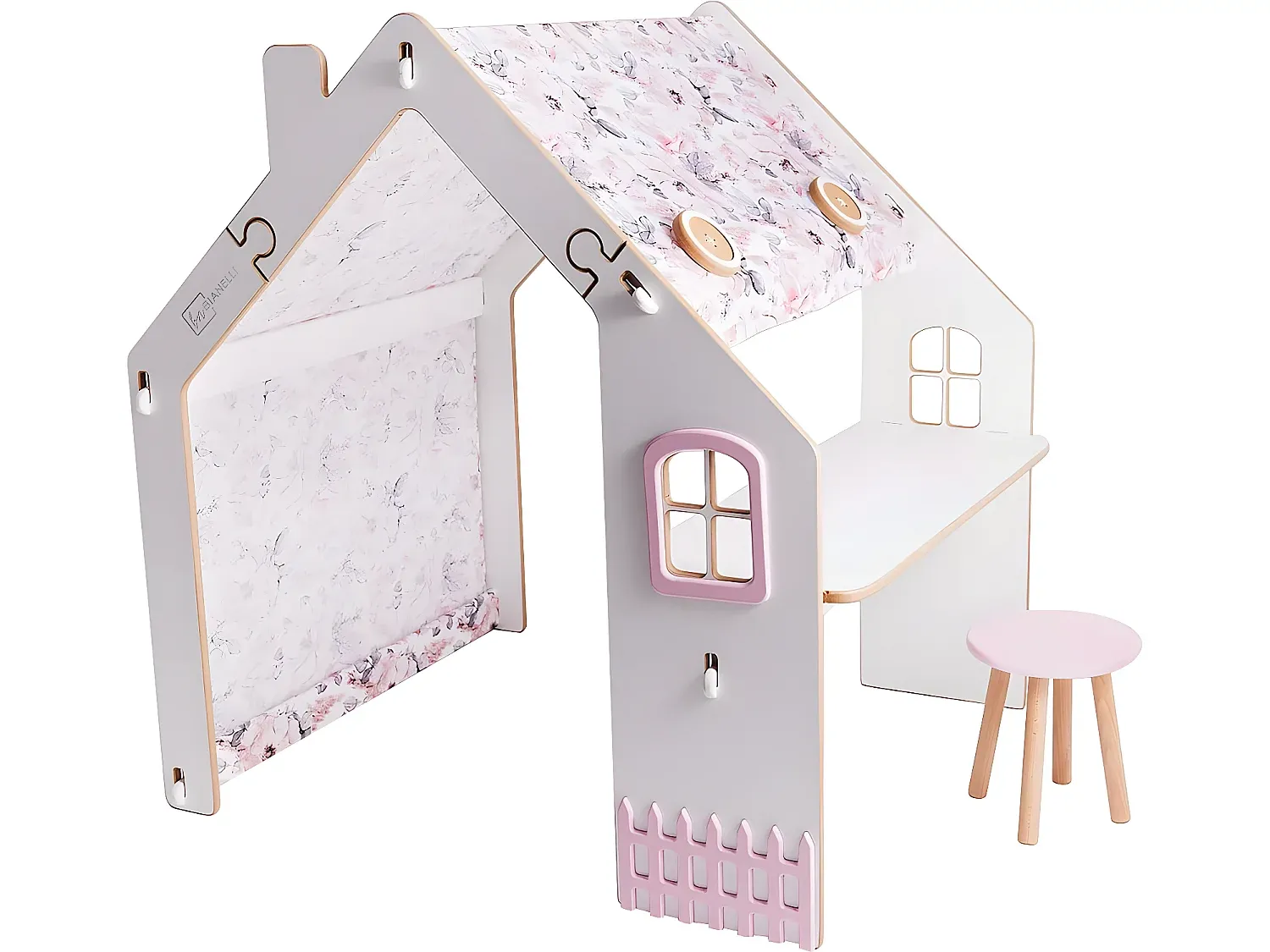 Holzspielhaus für Kinder mit Schreibtisch - Weiß/Rosa