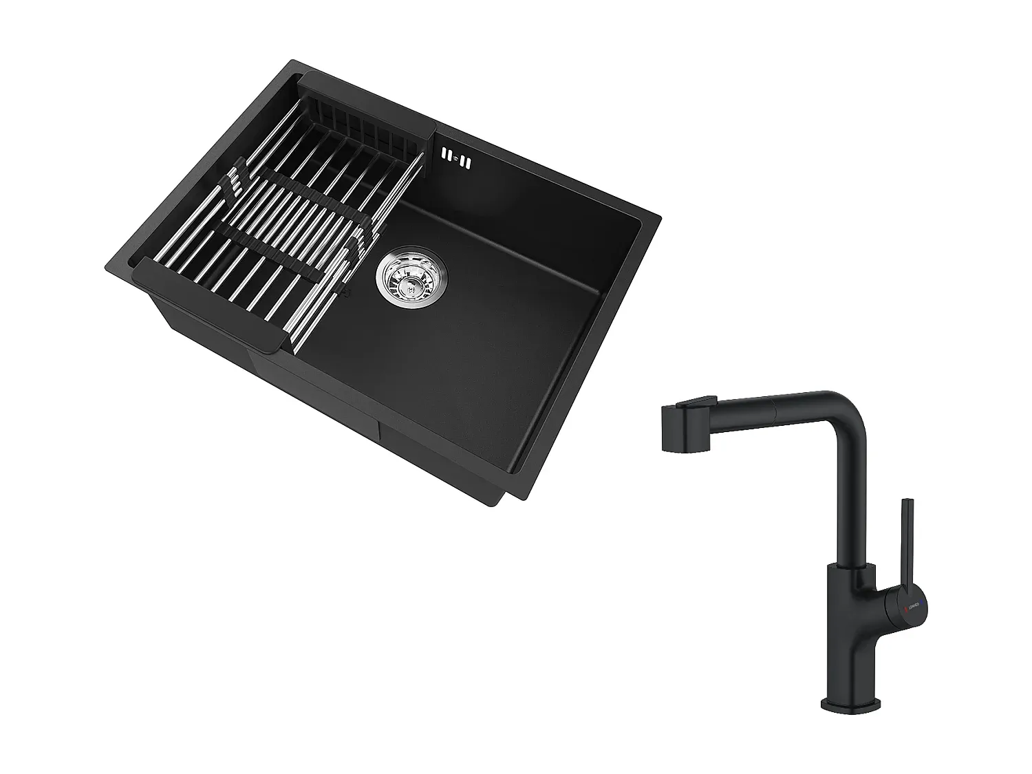 Einzelbecken-Küchenspüle mit Abtropfkorb und ausziehbarem Brausehahn