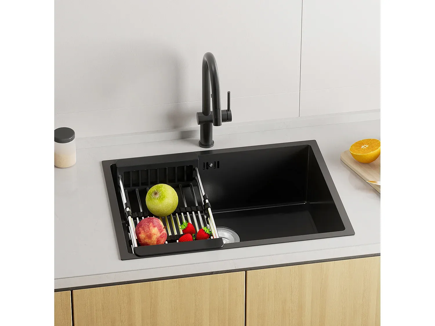 Einzelbecken-Küchenspüle mit Abtropfkorb und ausziehbarem Brausehahn