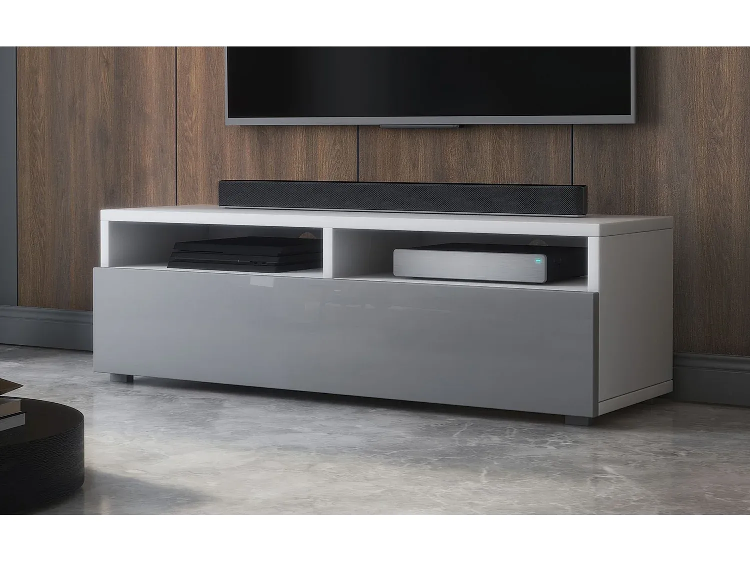 Fernsehschrank mit Schublade - Mattweiß/Hochglanz Grau - 100 cm