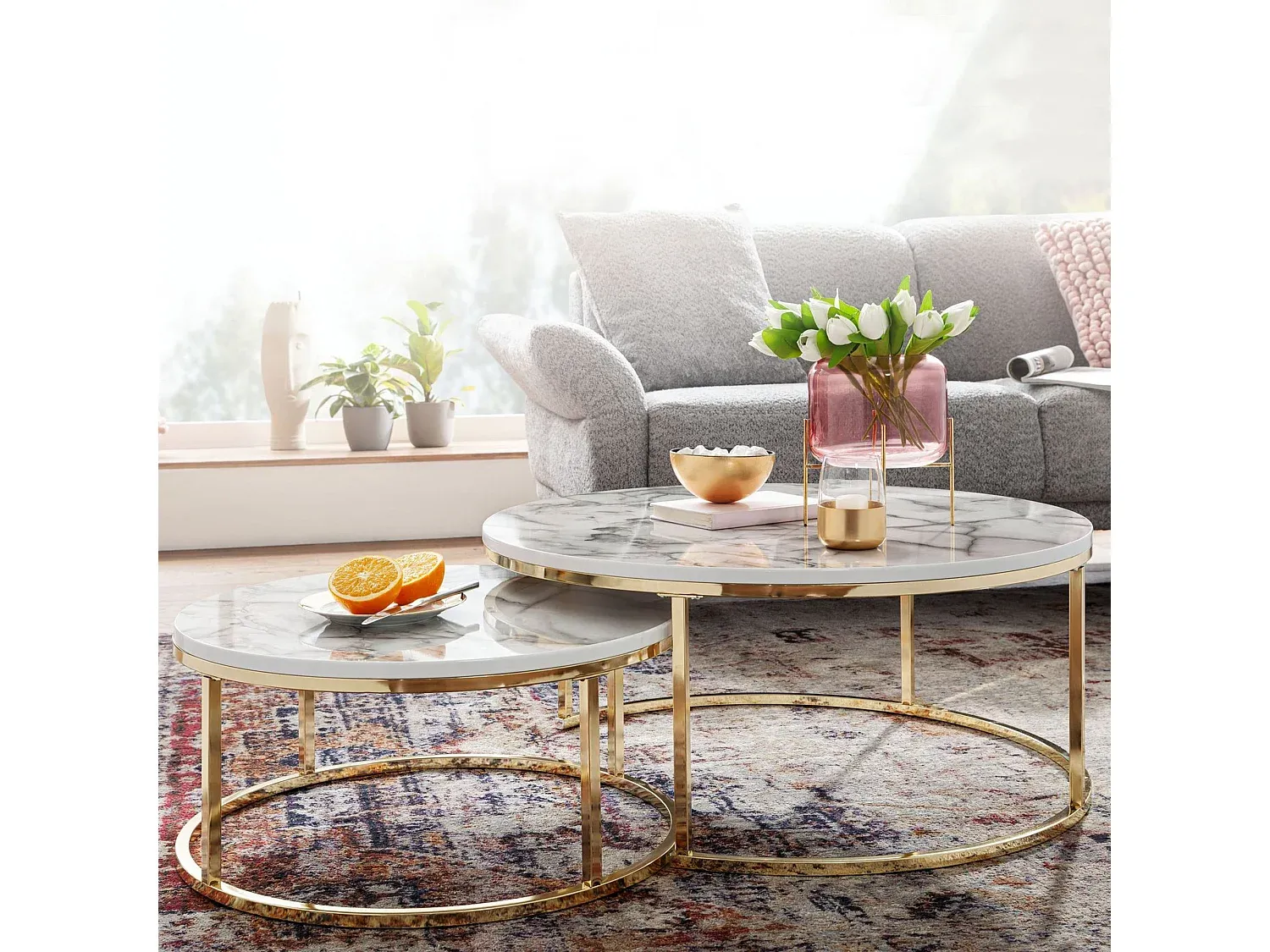 Runder Satztisch im Marmor-Look, 2er-Set