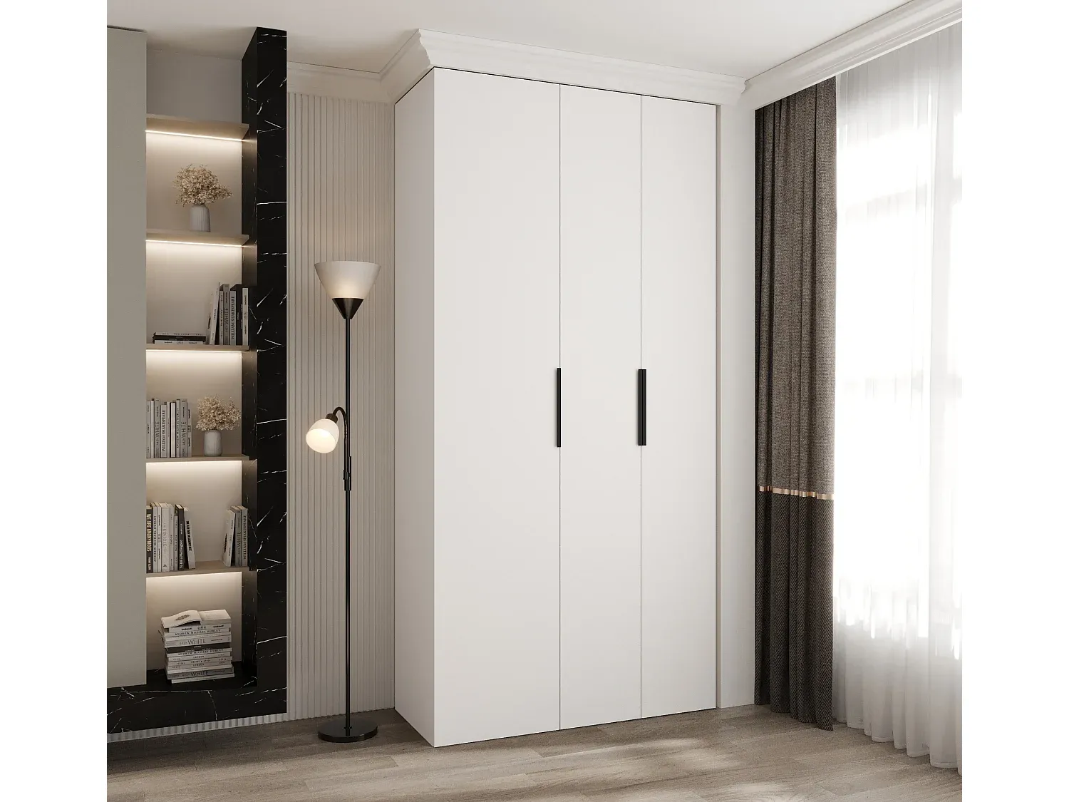 Geräumiger Drehtürenschrank in Weiß/Schwarz mit 3 Türen