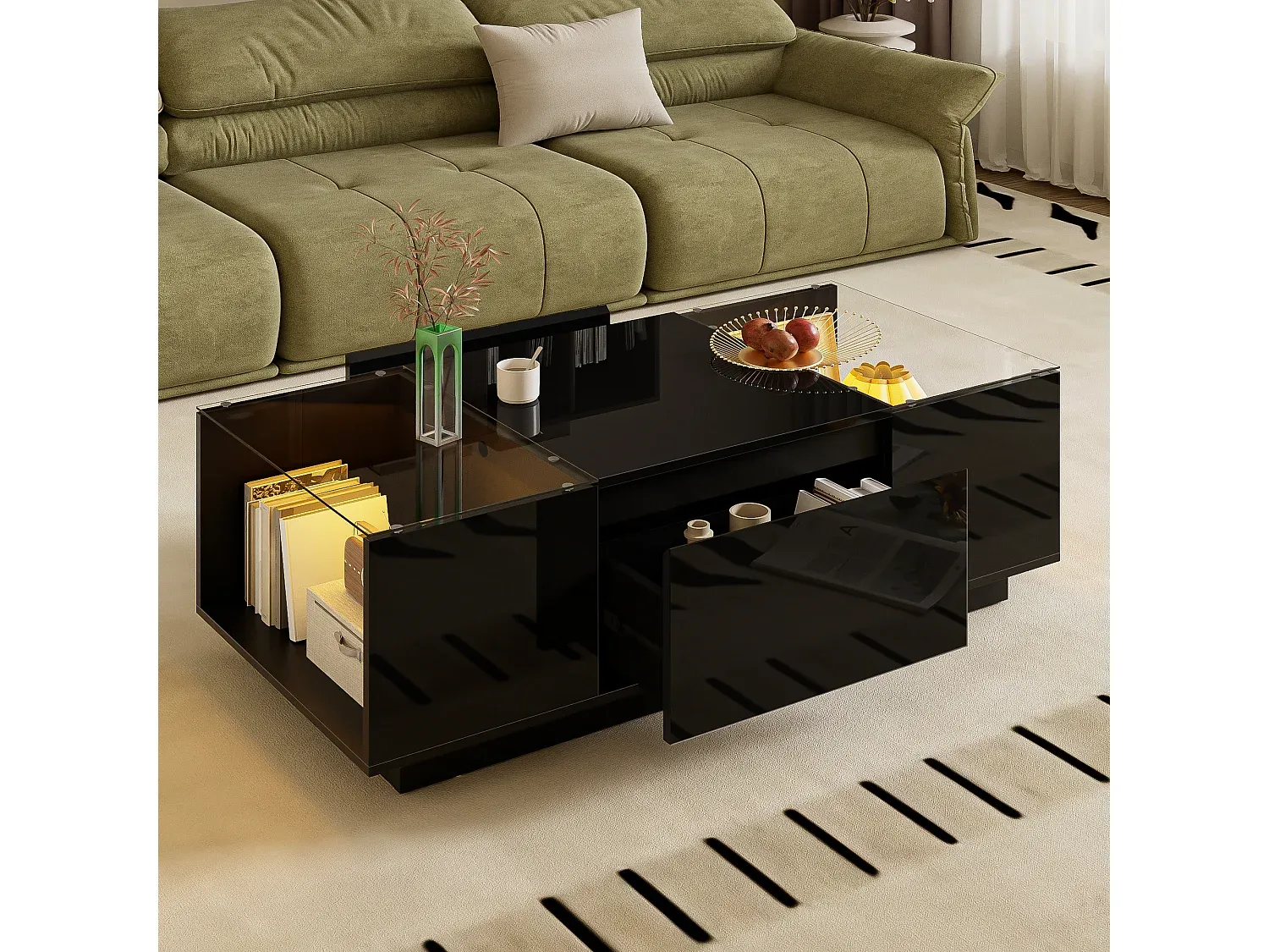 Moderner Couchtisch mit Schubladen und LED-Beleuchtung