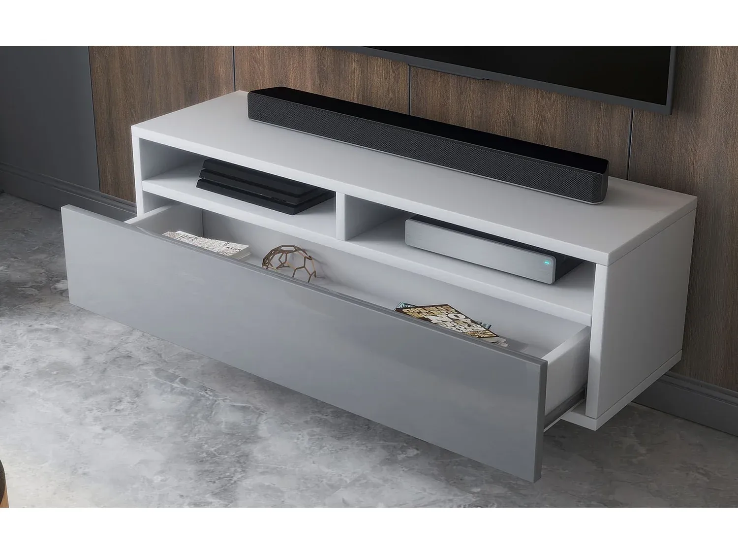 Fernsehschrank mit Schublade - Mattweiß/Hochglanz Grau - 100 cm