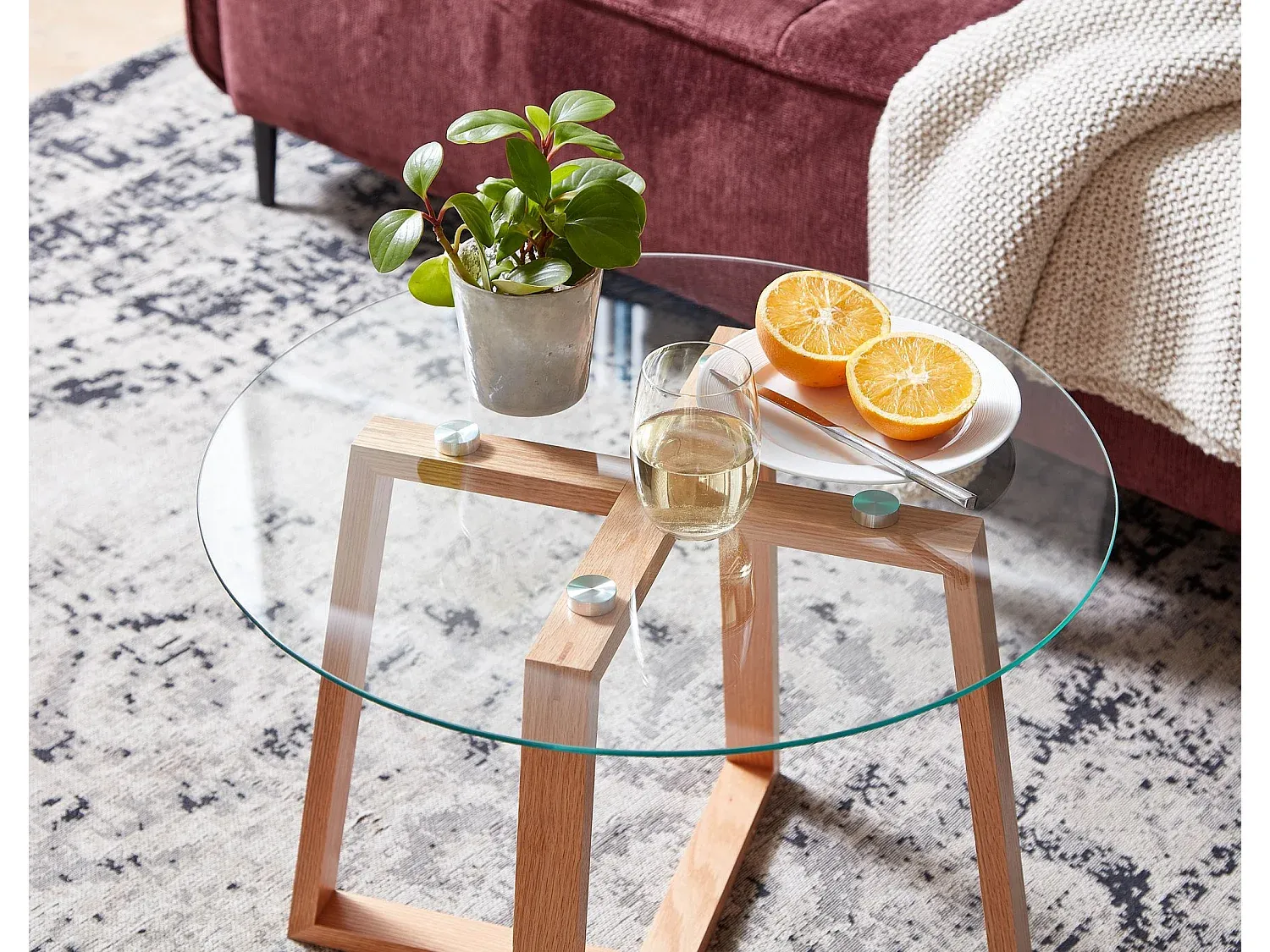 Runder Holz-Glas Couchtisch für Wohnzimmer